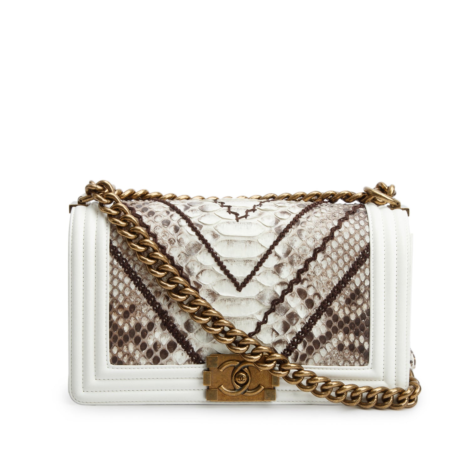 Chanel White Calfskin Python Chevron Embroidered Medium Boy Bag w/ Box