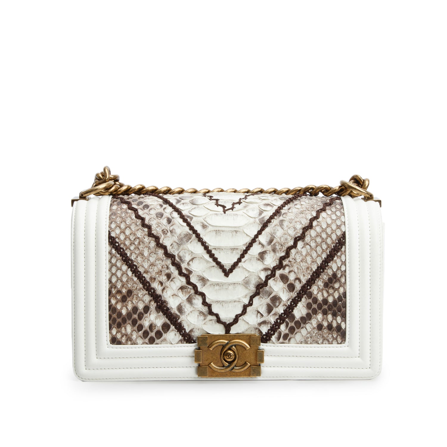 Chanel White Calfskin Python Chevron Embroidered Medium Boy Bag w/ Box