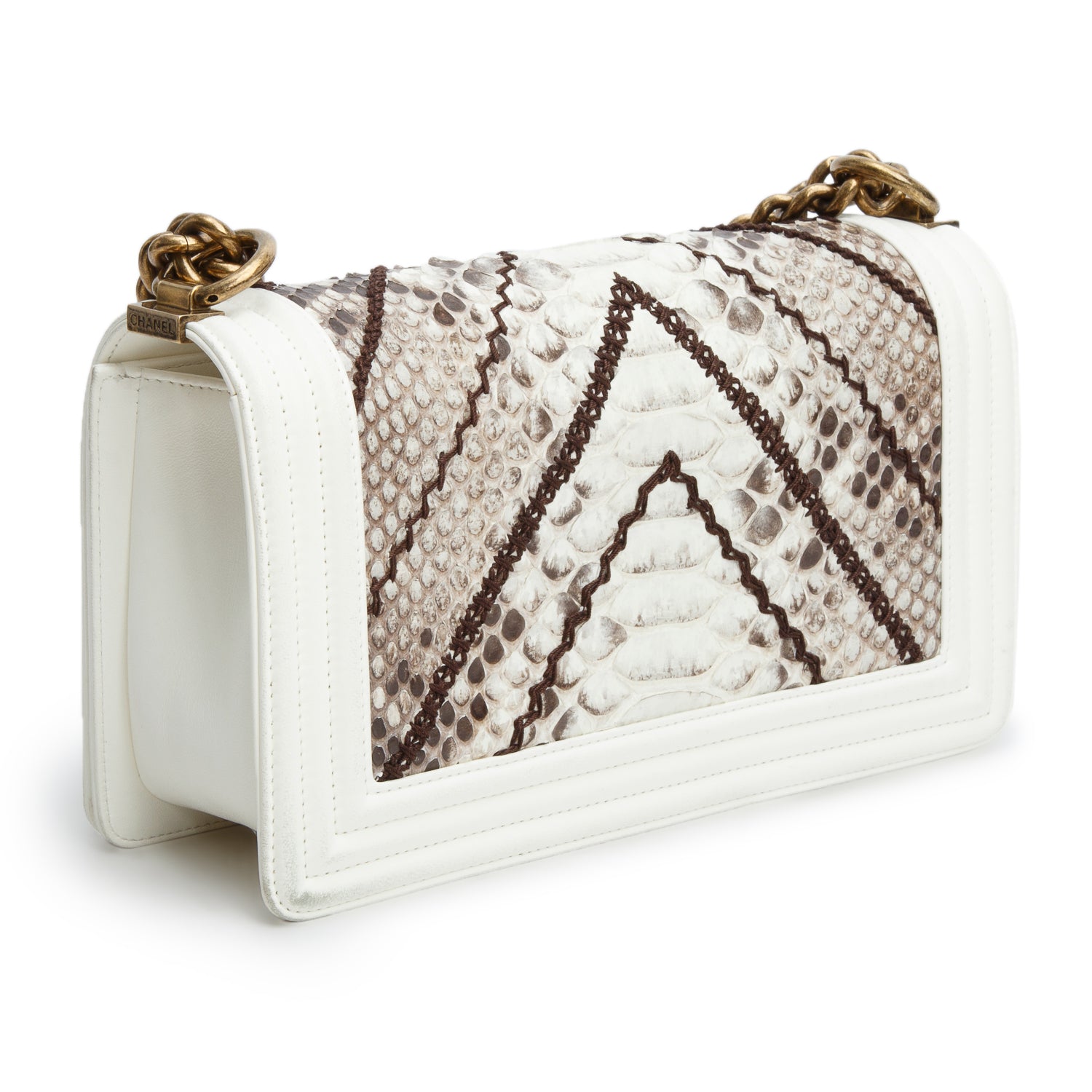 Chanel White Calfskin Python Chevron Embroidered Medium Boy Bag w/ Box