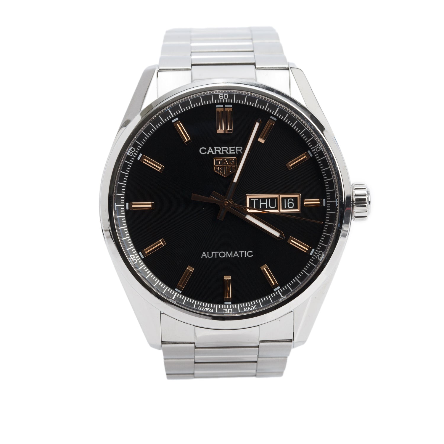 Tag Heuer Stainless Steel Carrera Day-Date 41 MM Automatic Watch Black Dial WBN2013