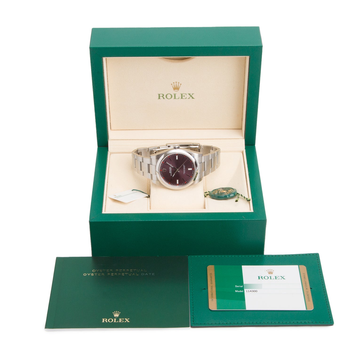 Rolex Stainless Steel Oyster Perpetual 39 MM Watch Grape Dial 114300 w/ Box & Papers