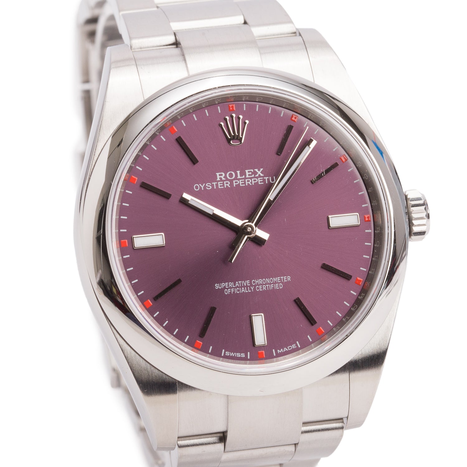 Rolex Stainless Steel Oyster Perpetual 39 MM Watch Grape Dial 114300 w/ Box & Papers