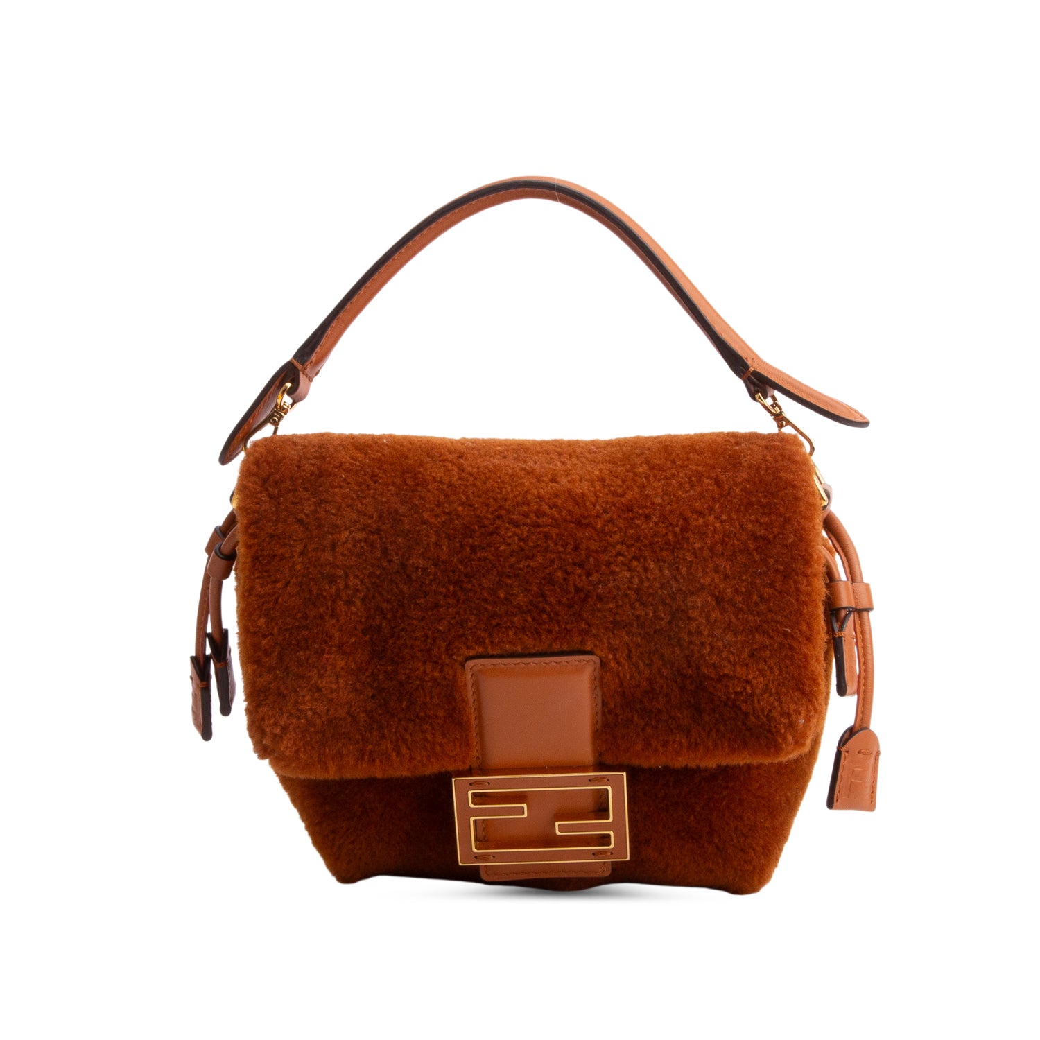 Fendi 2025 Brown Shearling Small Mama Baguette w/ Box, Receipt & Straps