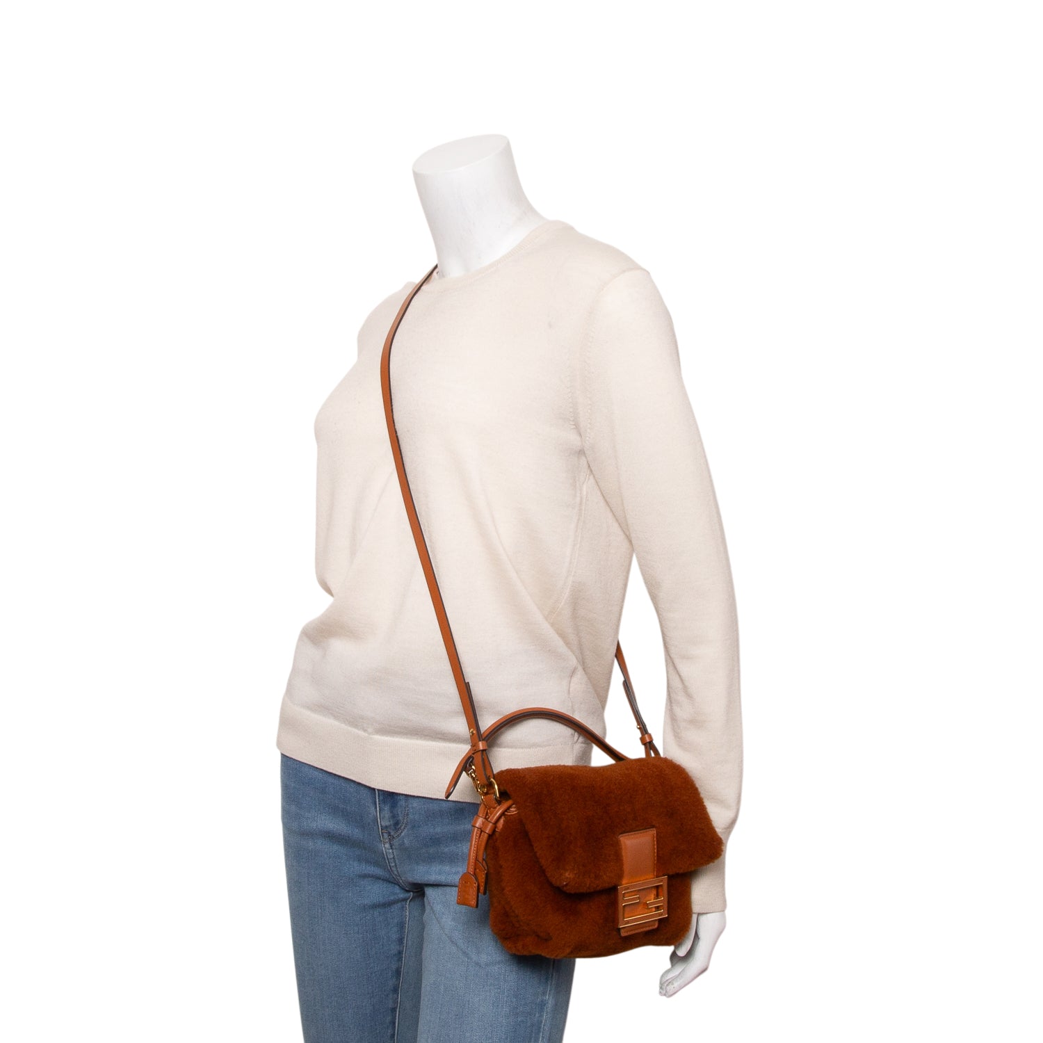 Fendi 2025 Brown Shearling Small Mama Baguette w/ Box, Receipt & Straps