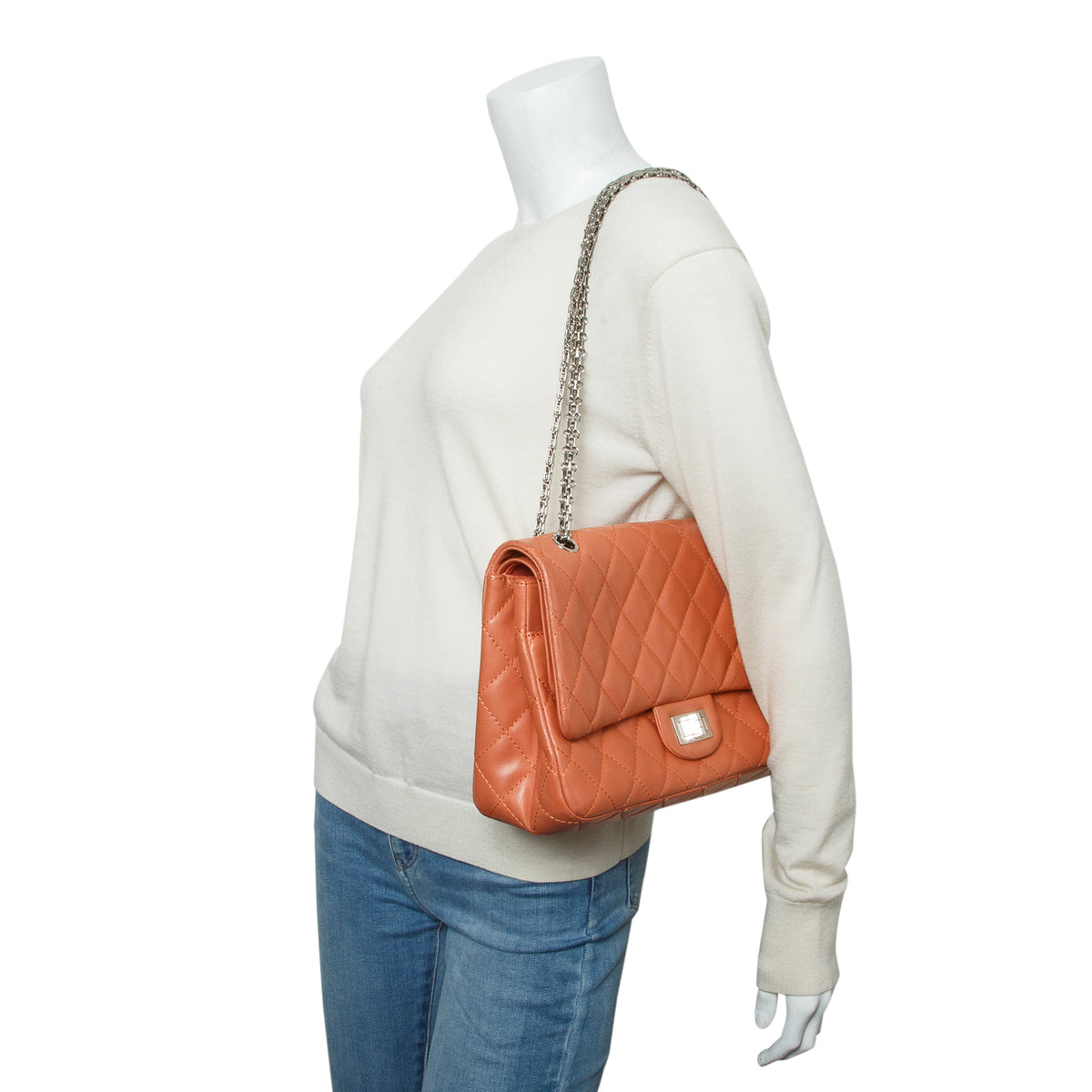 Chanel Peach Quilted Calfskin Leather 2.55 Reissue 227 Double Flap Bag w/ Authenticity Card