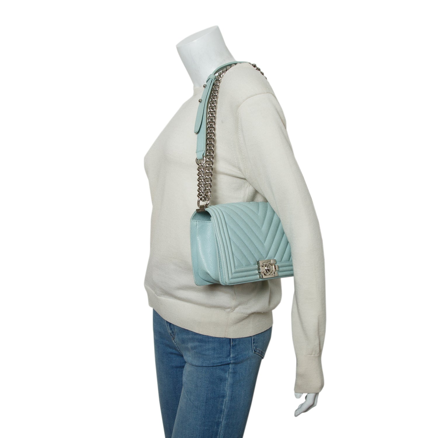 Chanel Turquoise Caviar Chevron Quilted Medium Boy Bag w/ Authenticity Card