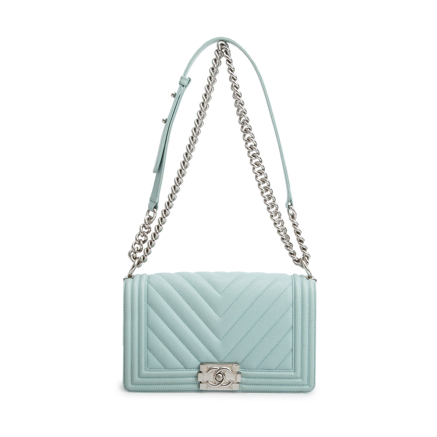 Chanel Turquoise Caviar Chevron Quilted Medium Boy Bag w/ Authenticity Card