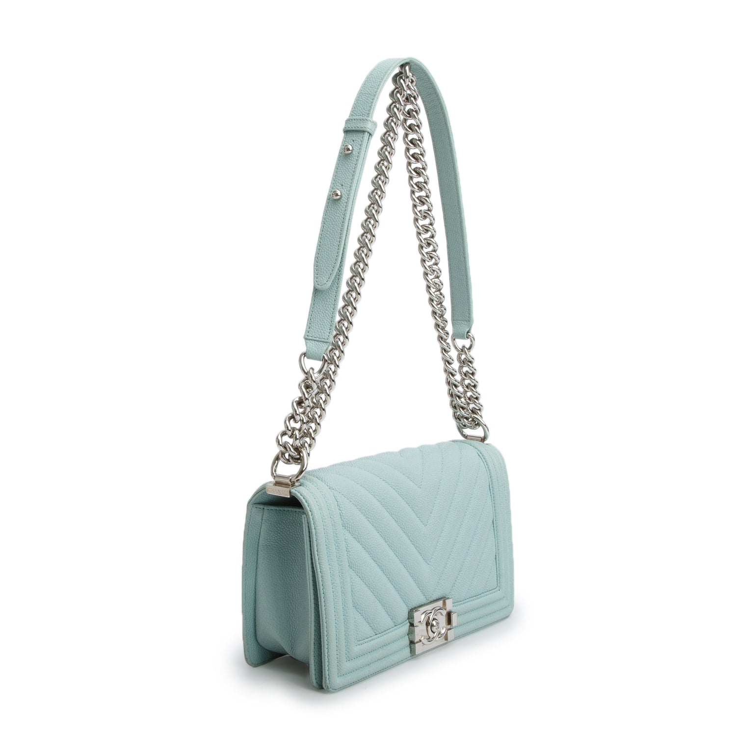 Chanel Turquoise Caviar Chevron Quilted Medium Boy Bag w/ Authenticity Card