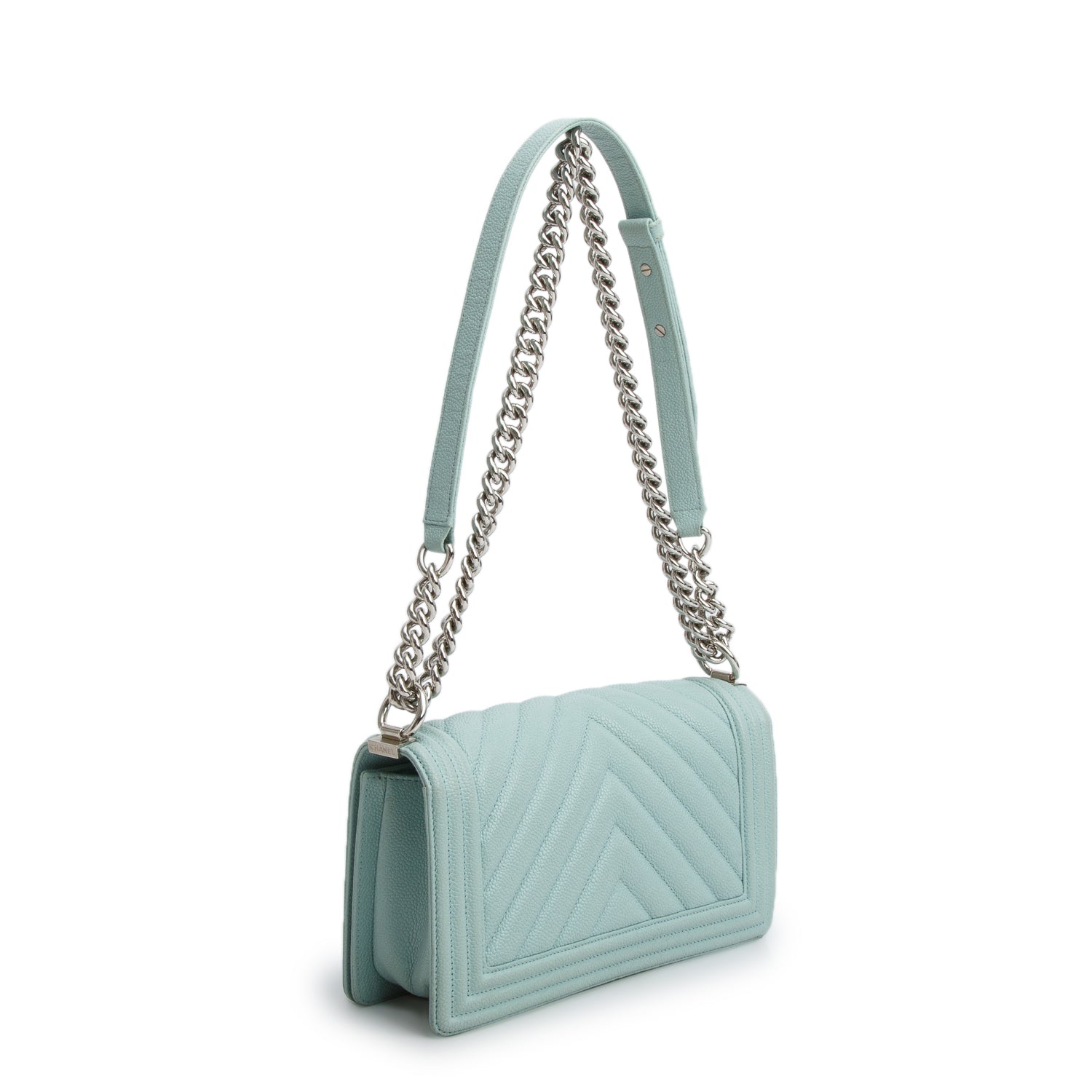 Chanel Turquoise Caviar Chevron Quilted Medium Boy Bag w/ Authenticity Card
