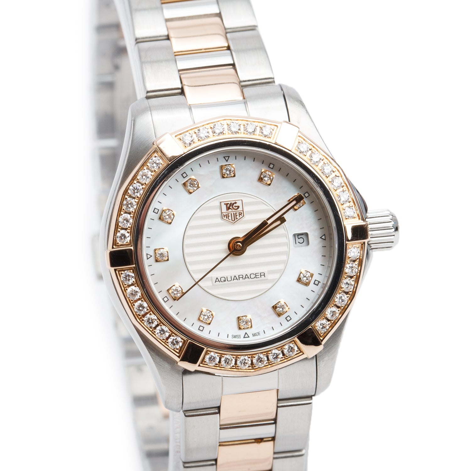 Tag Heuer Stainless Steel & 18 Rose Gold Diamond Bezel Aquaracer 27 MM Quartz Watch Diamond Mother of Pearl Dial WAP1452