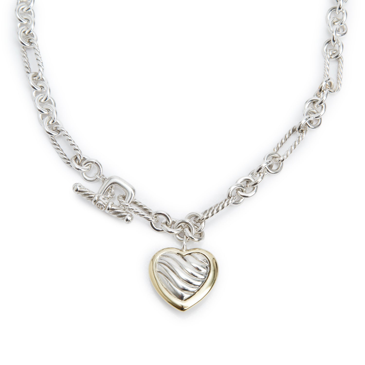 David Yurman Sterling Silver & 18k Yellow Gold Sculpted Cable Heart Pendant Necklace