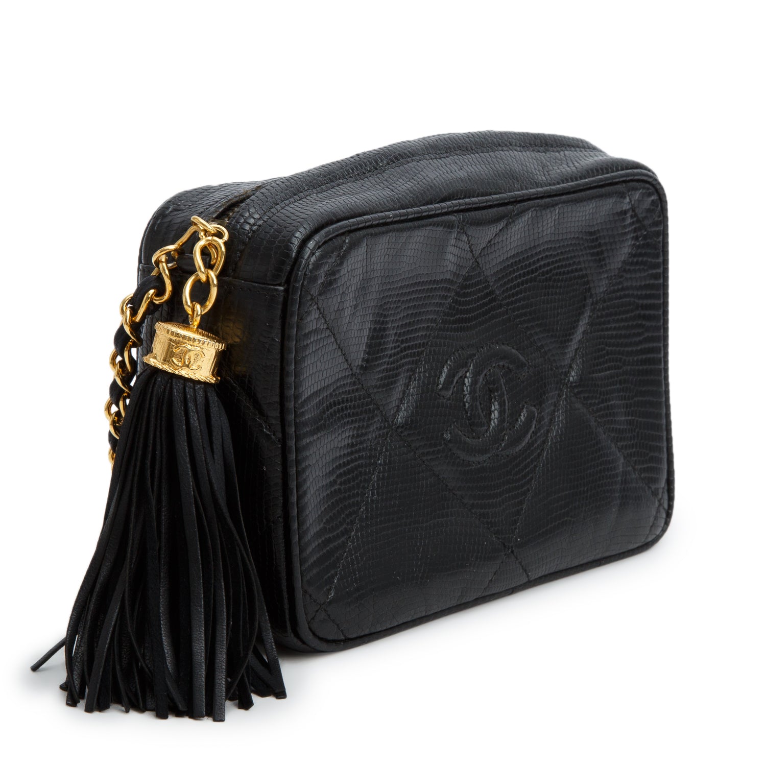 Chanel Vintage Black Lizard Quilted Tassel Camera Bag w/ Authenticity Card