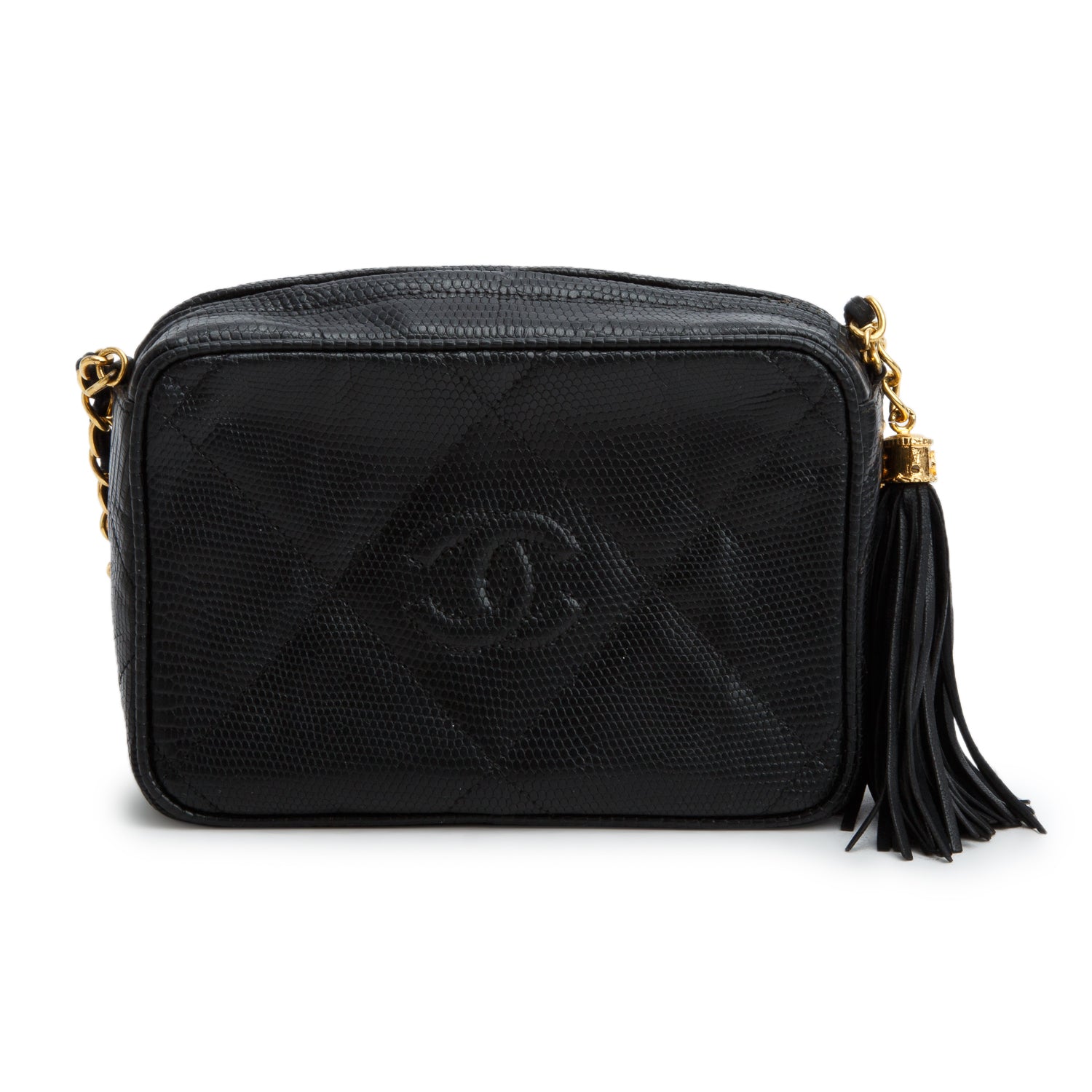 Chanel Vintage Black Lizard Quilted Tassel Camera Bag w/ Authenticity Card