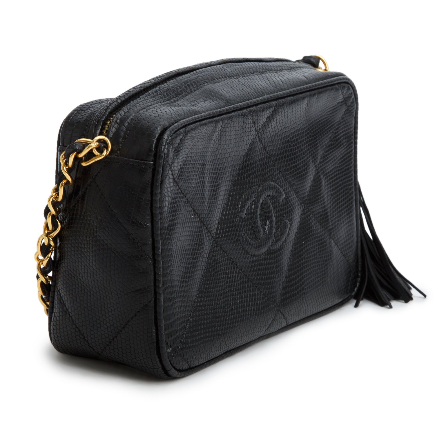 Chanel Vintage Black Lizard Quilted Tassel Camera Bag w/ Authenticity Card