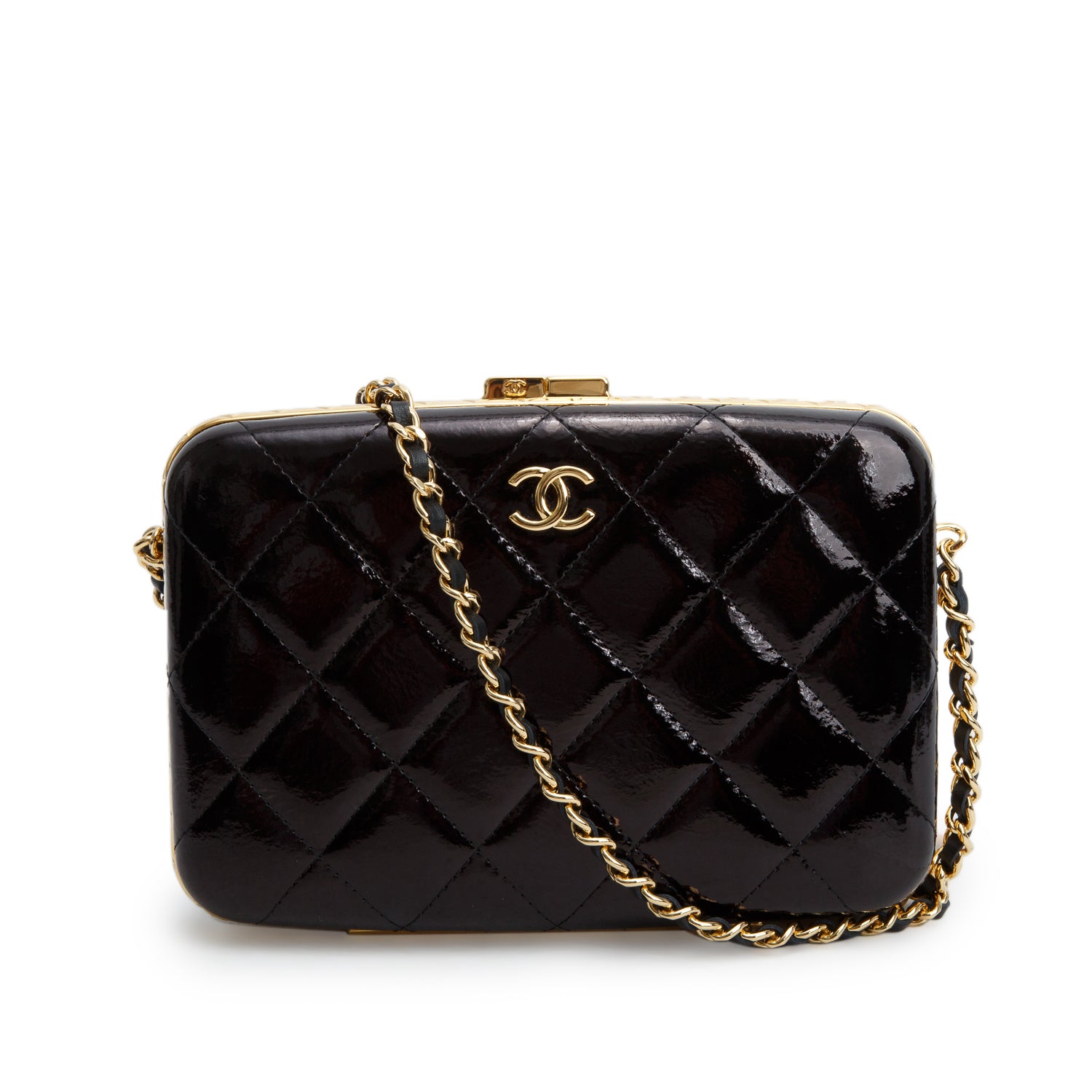 Chanel 2021 Black Patent Leather Quilted Frame Box Bag w/ Box & Authenticity Card