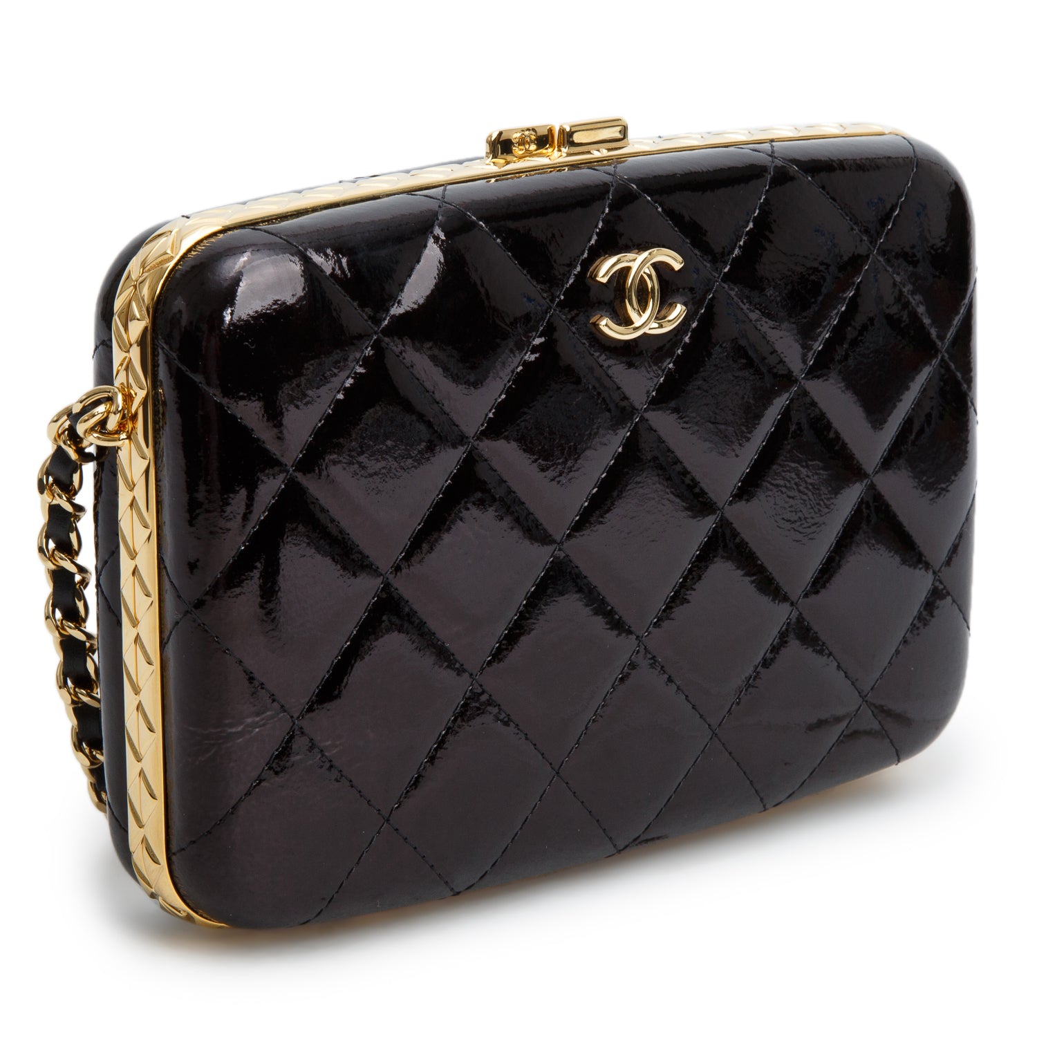 Chanel 2021 Black Patent Leather Quilted Frame Box Bag w/ Box & Authenticity Card