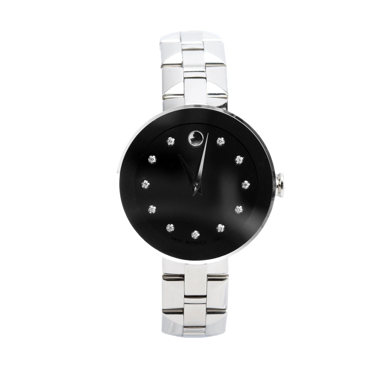 Movado Stainless Steel Sapphire 28 MM Quartz Watch Silver Diamond Dial