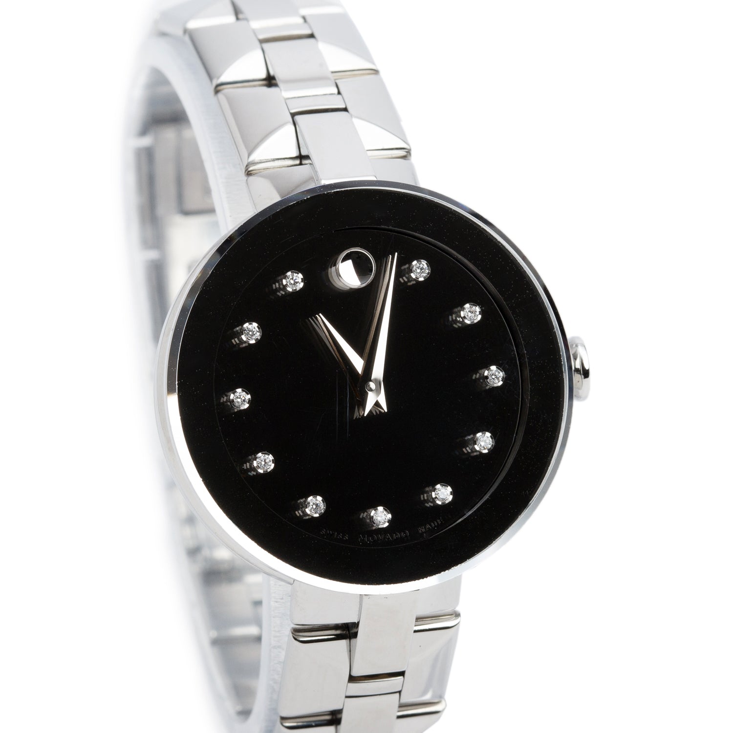 Movado Stainless Steel Sapphire 28 MM Quartz Watch Silver Diamond Dial