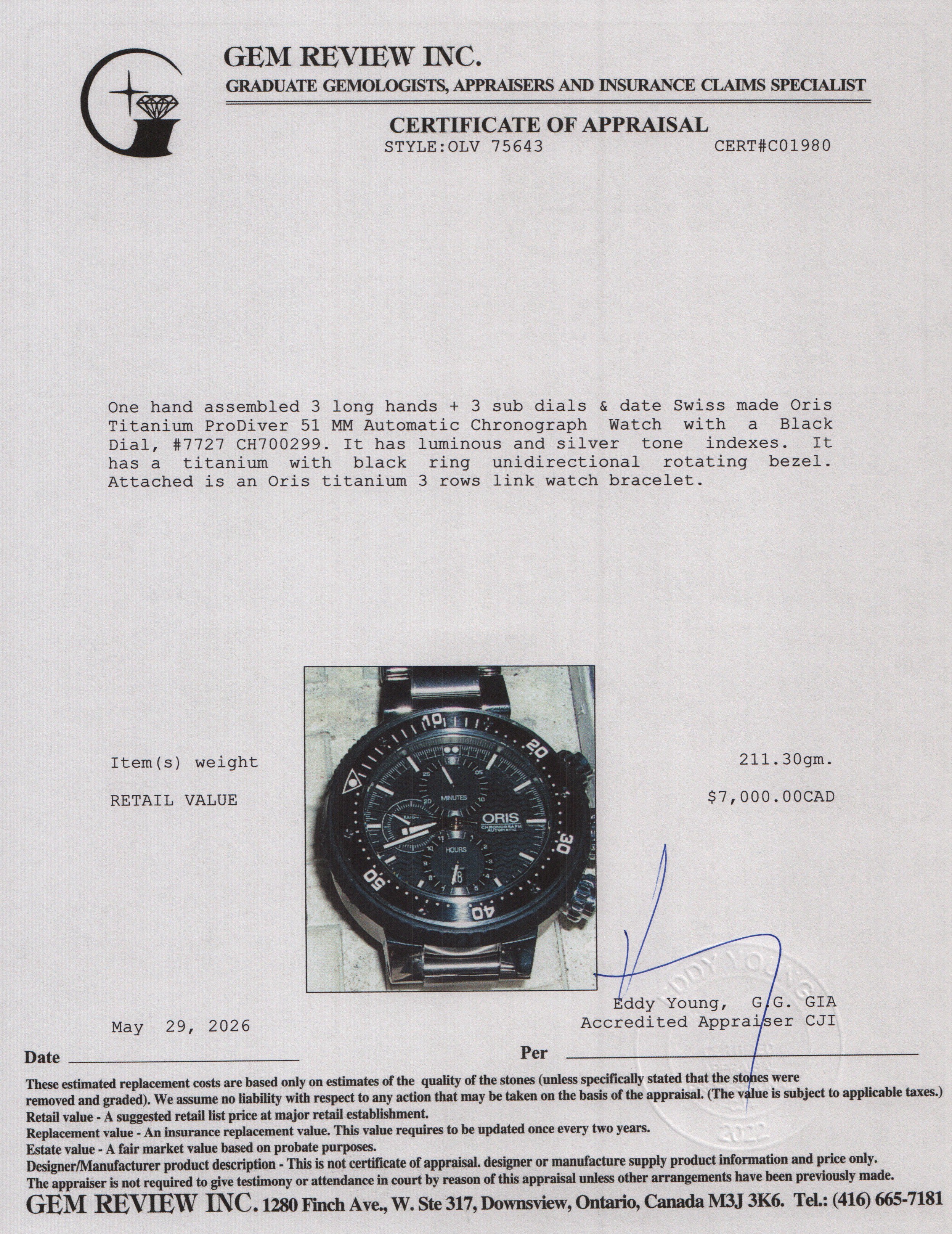 Oris Titanium ProDiver 51 MM Automatic Chronograph Watch Black Dial 7727 w/ Box & Extra Strap