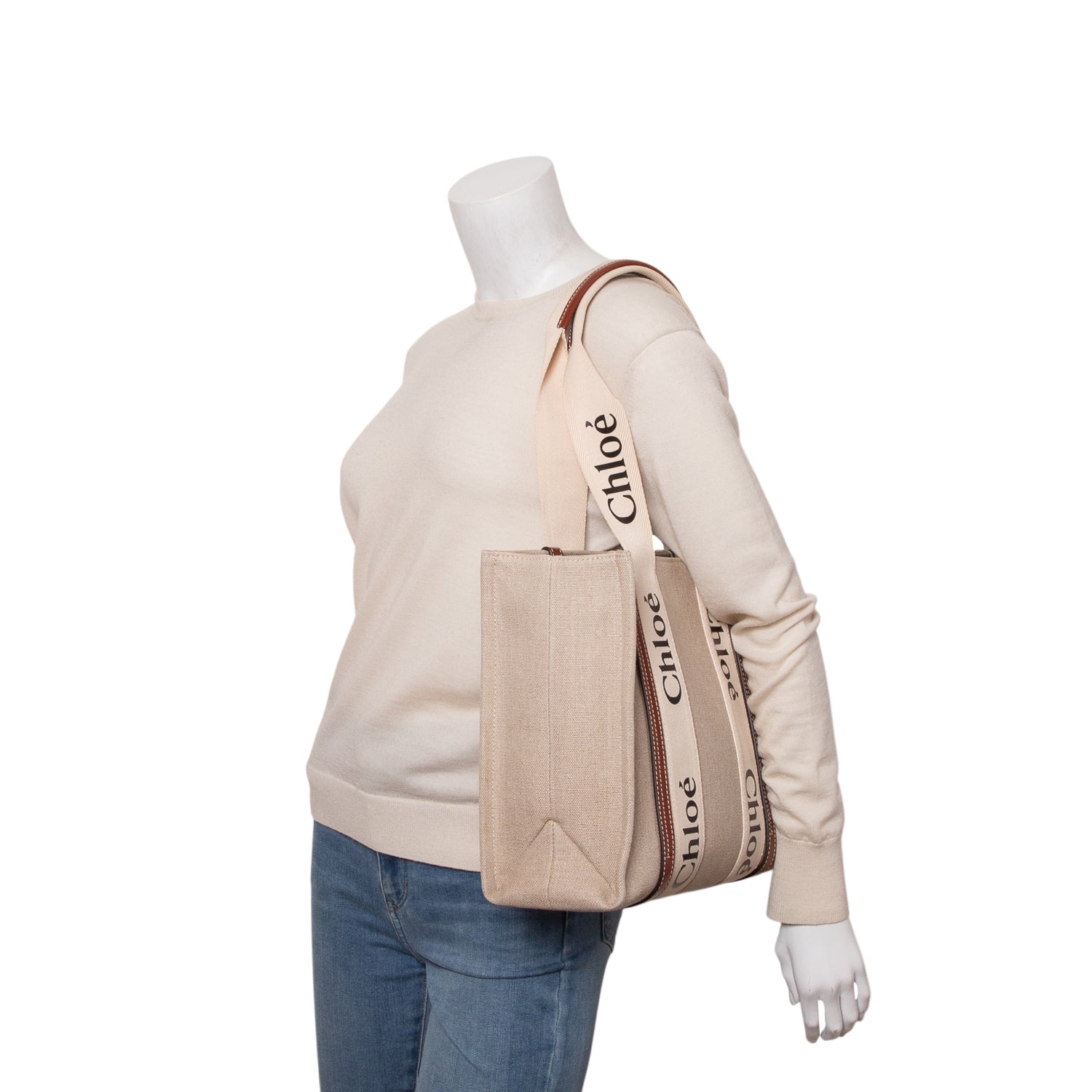 Chloe 2022 Beige Calfskin Linen Medium Woody Tote Bag