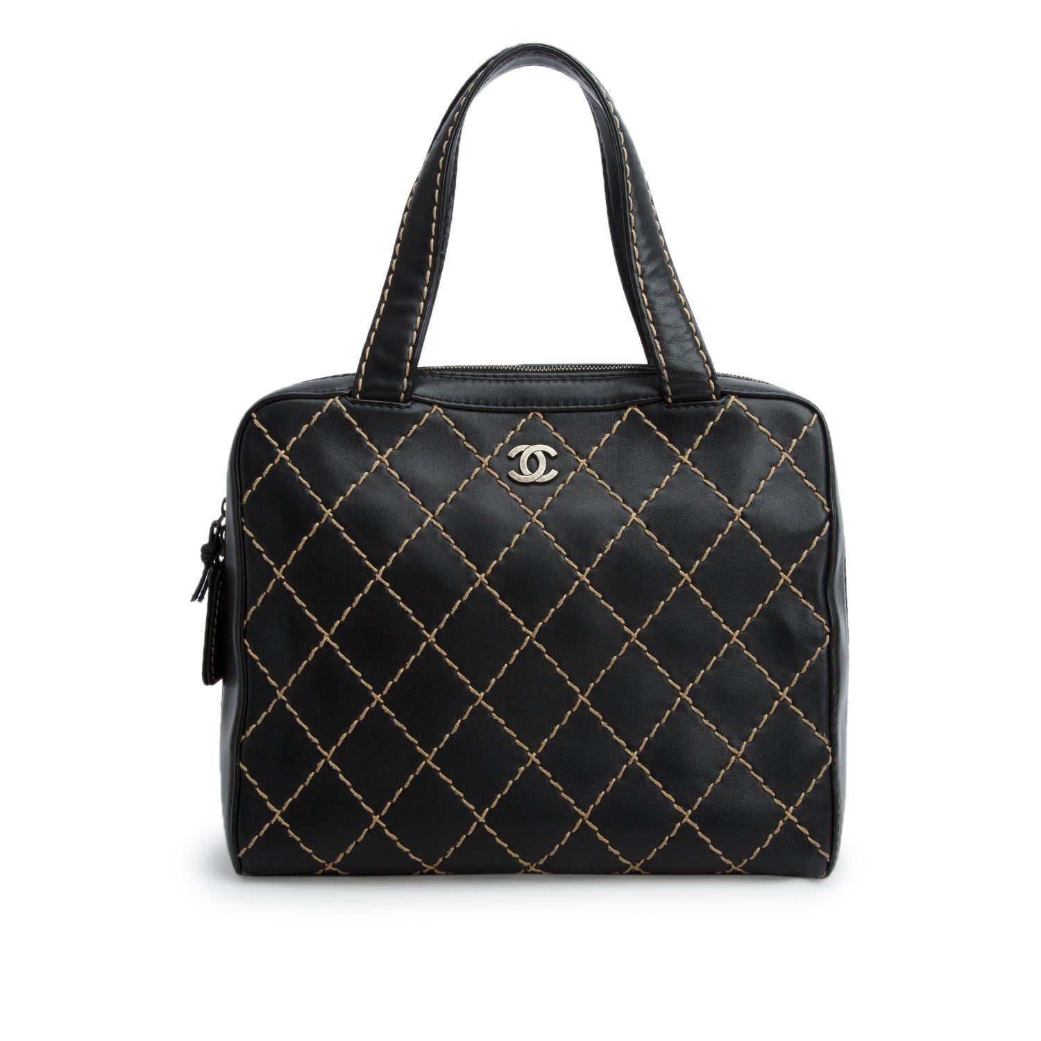 Chanel Black Calfskin Contrast Stich Surpique Bowler w/ Authenticity Card & Pouch