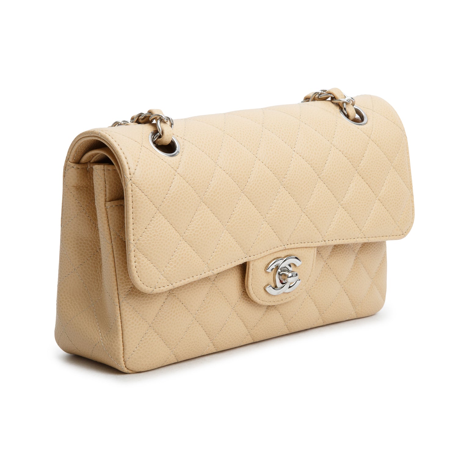 Chanel 2024 Beige Quilted Caviar Leather Classic Small Double Flap Bag w/ Receipt