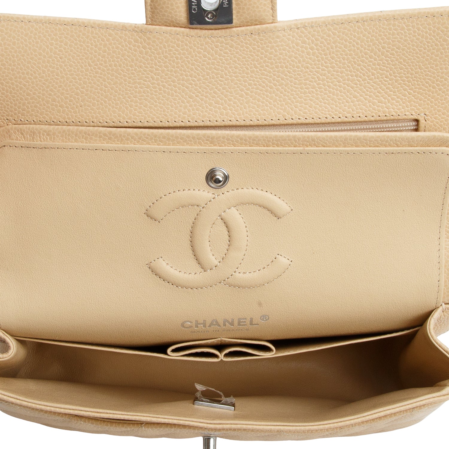 Chanel 2024 Beige Quilted Caviar Leather Classic Small Double Flap Bag w/ Receipt