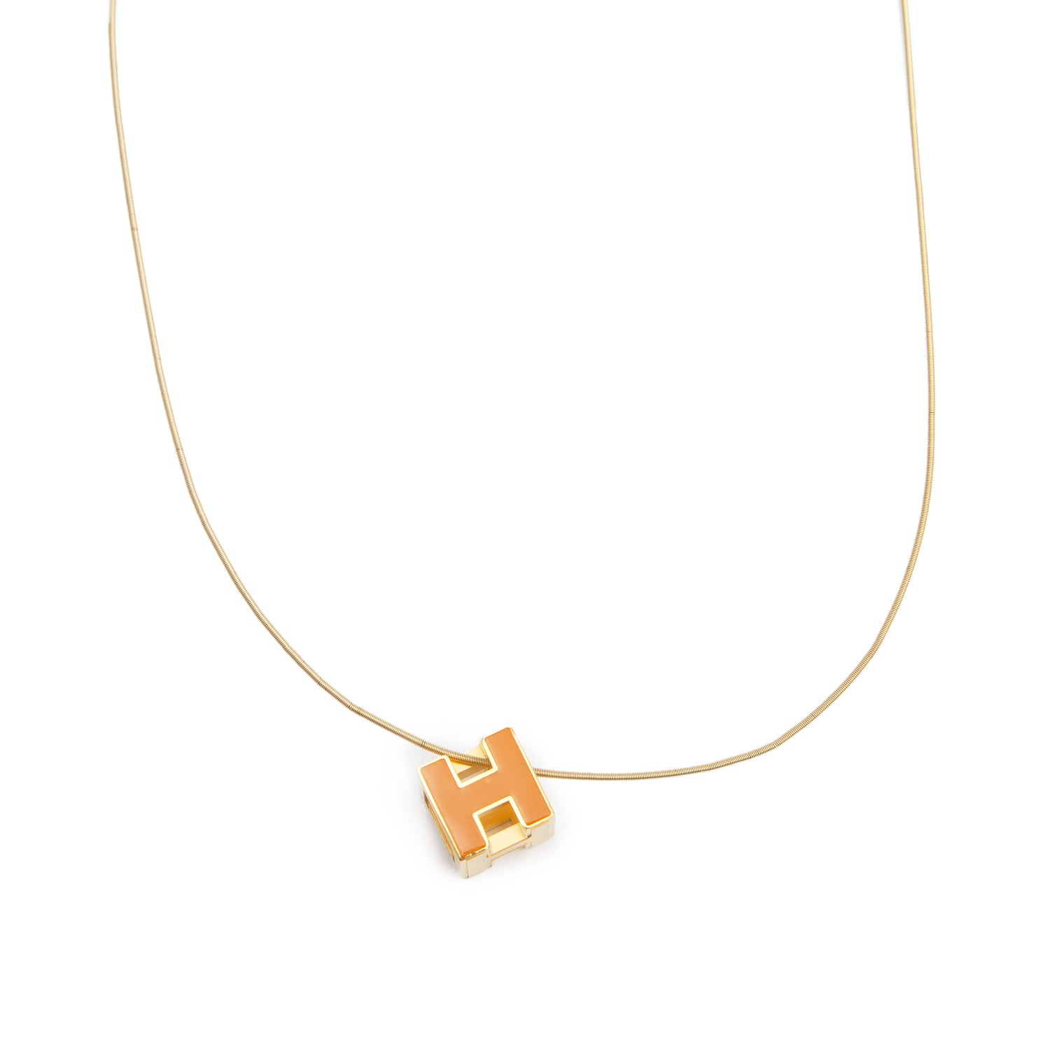 Hermes Gold-Plated Orange Enamel Pop H Cube Pendant Necklace w/ Box