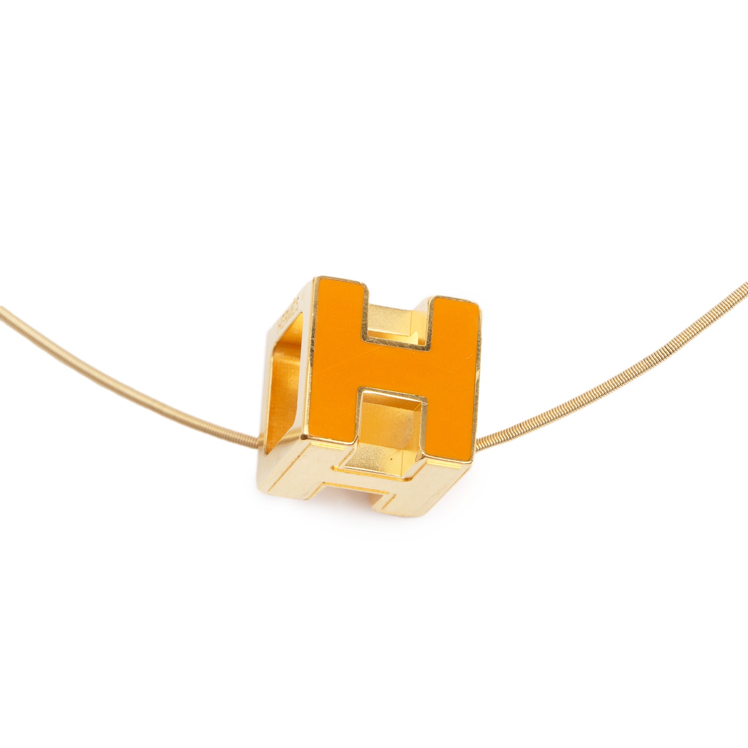 Hermes Gold-Plated Orange Enamel Pop H Cube Pendant Necklace w/ Box