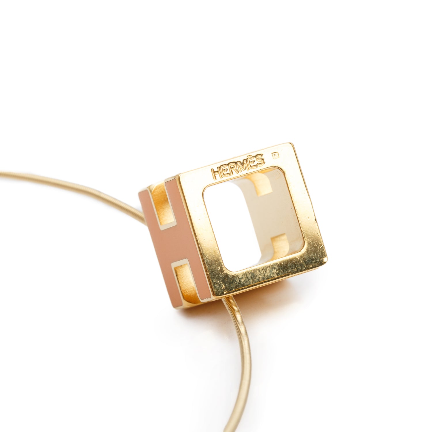 Hermes Gold-Plated Orange Enamel Pop H Cube Pendant Necklace w/ Box