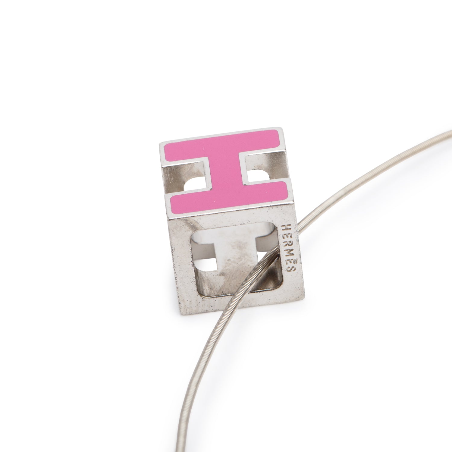 Hermes Palladium-Plated Pink Enamel Pop H Cube Pendant Necklace