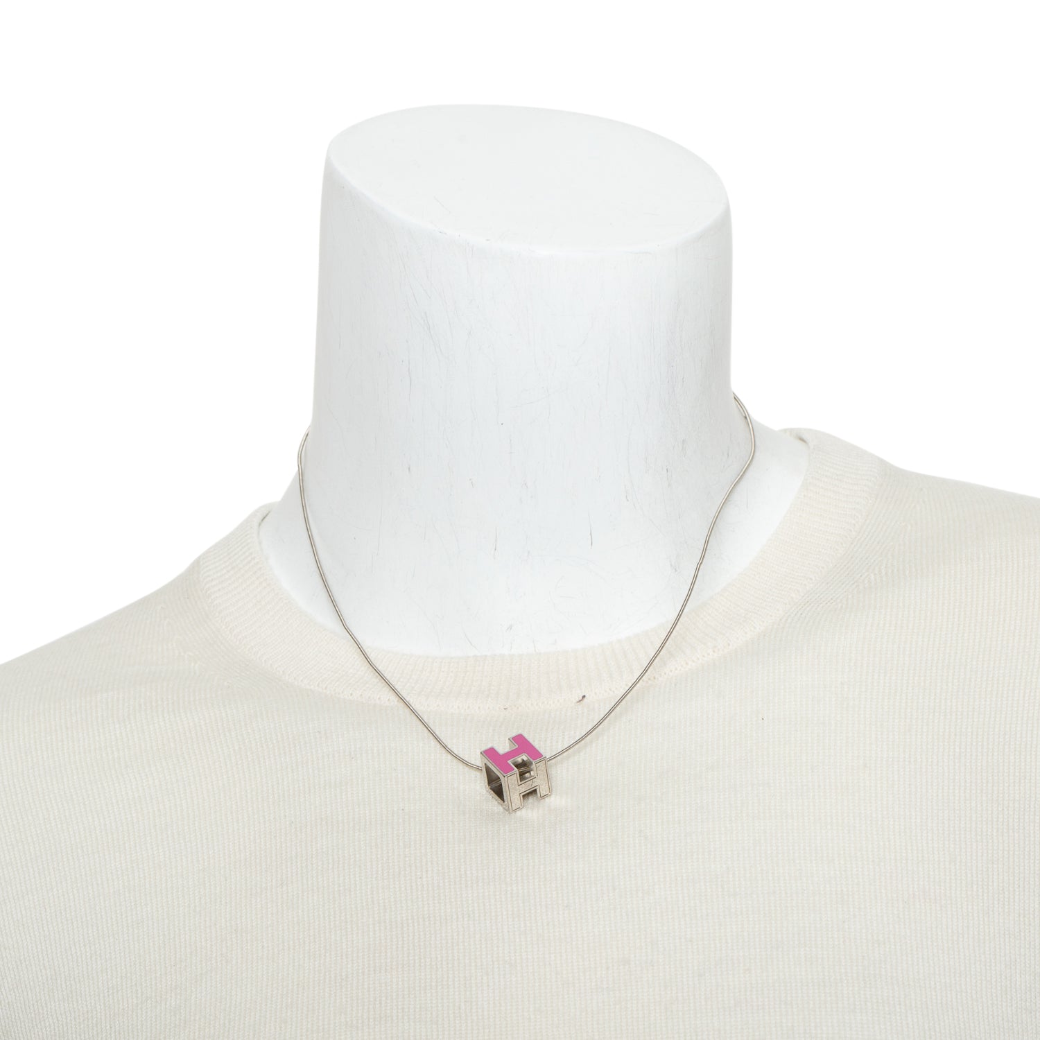 Hermes Palladium-Plated Pink Enamel Pop H Cube Pendant Necklace