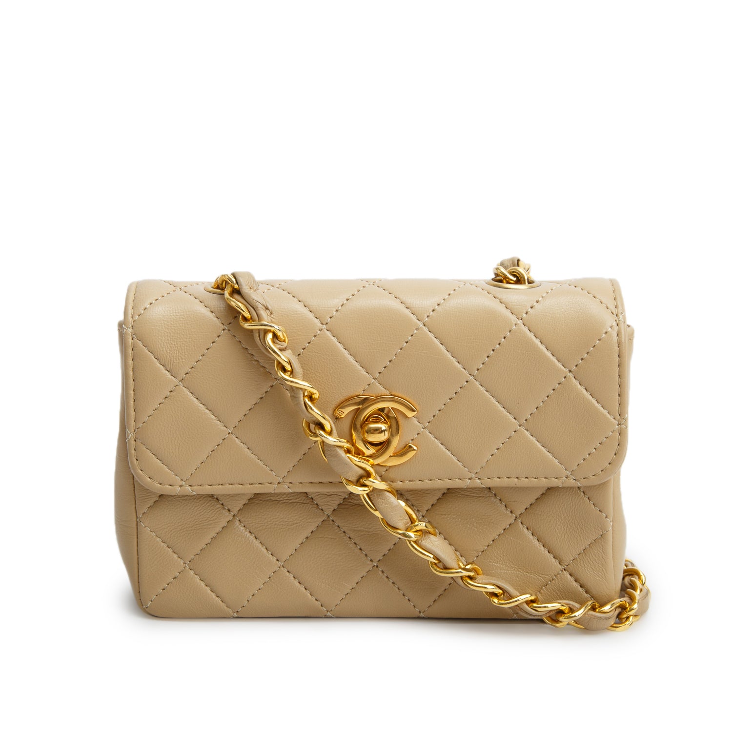 Chanel Vintage Beige Lambskin Quilted Mini Square Single Flap