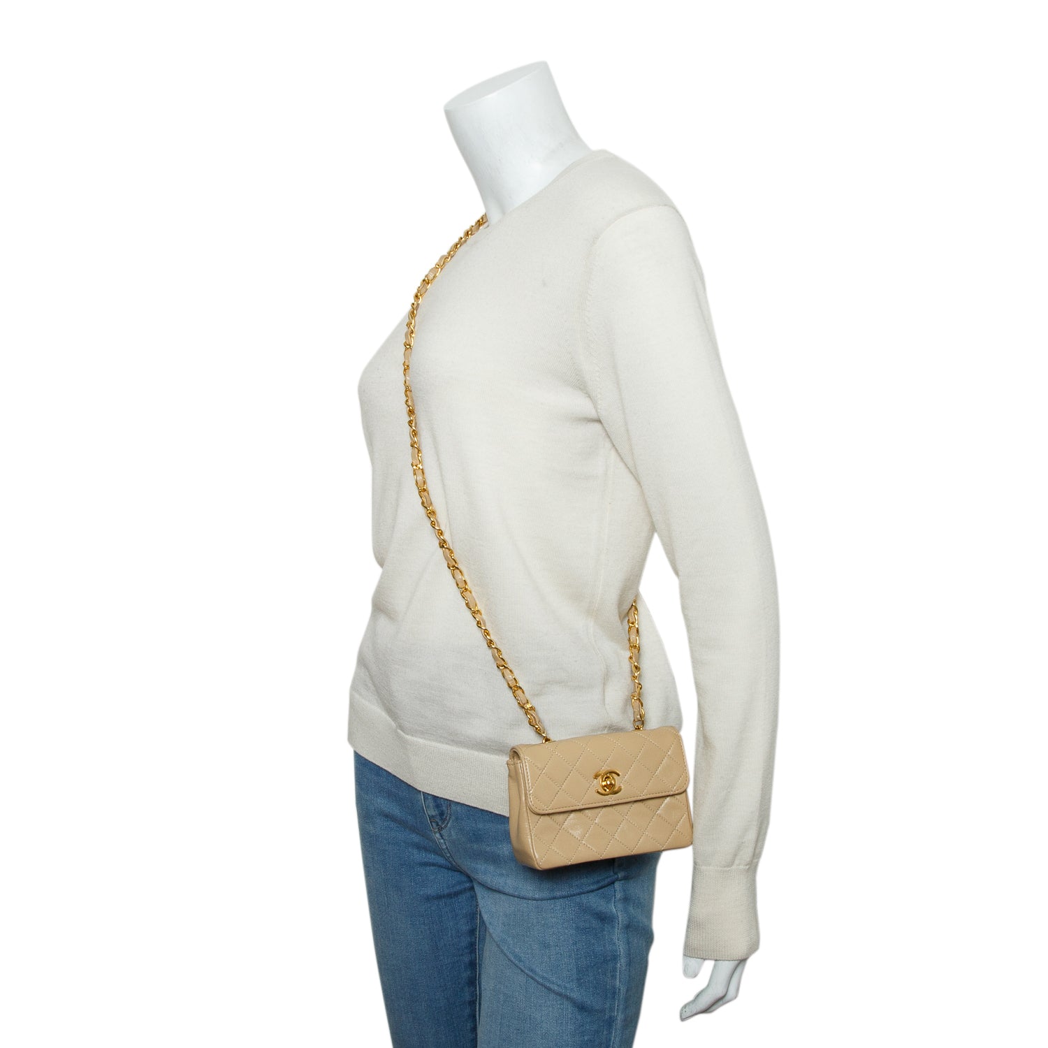 Chanel Vintage Beige Lambskin Quilted Mini Square Single Flap