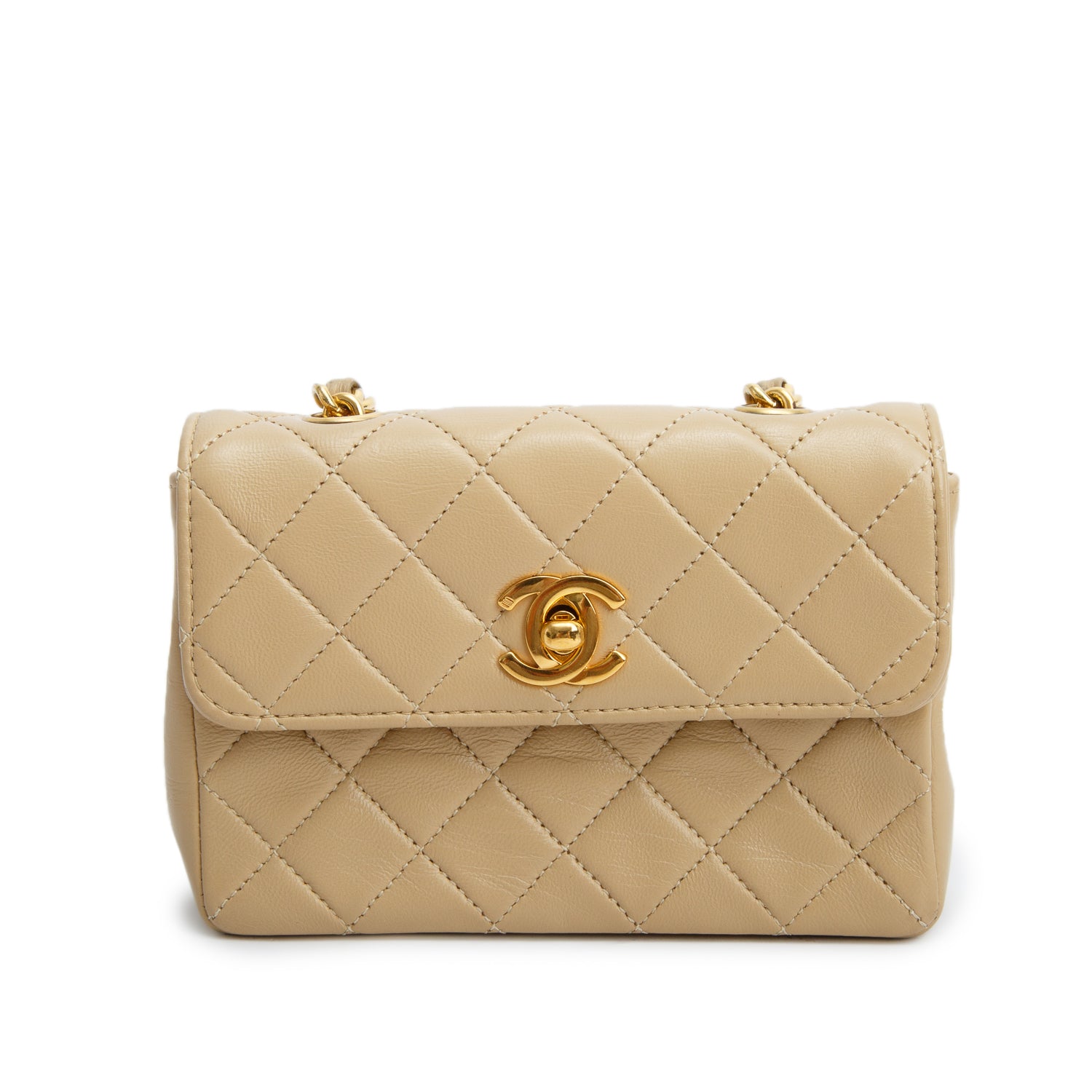 Chanel Vintage Beige Lambskin Quilted Mini Square Single Flap