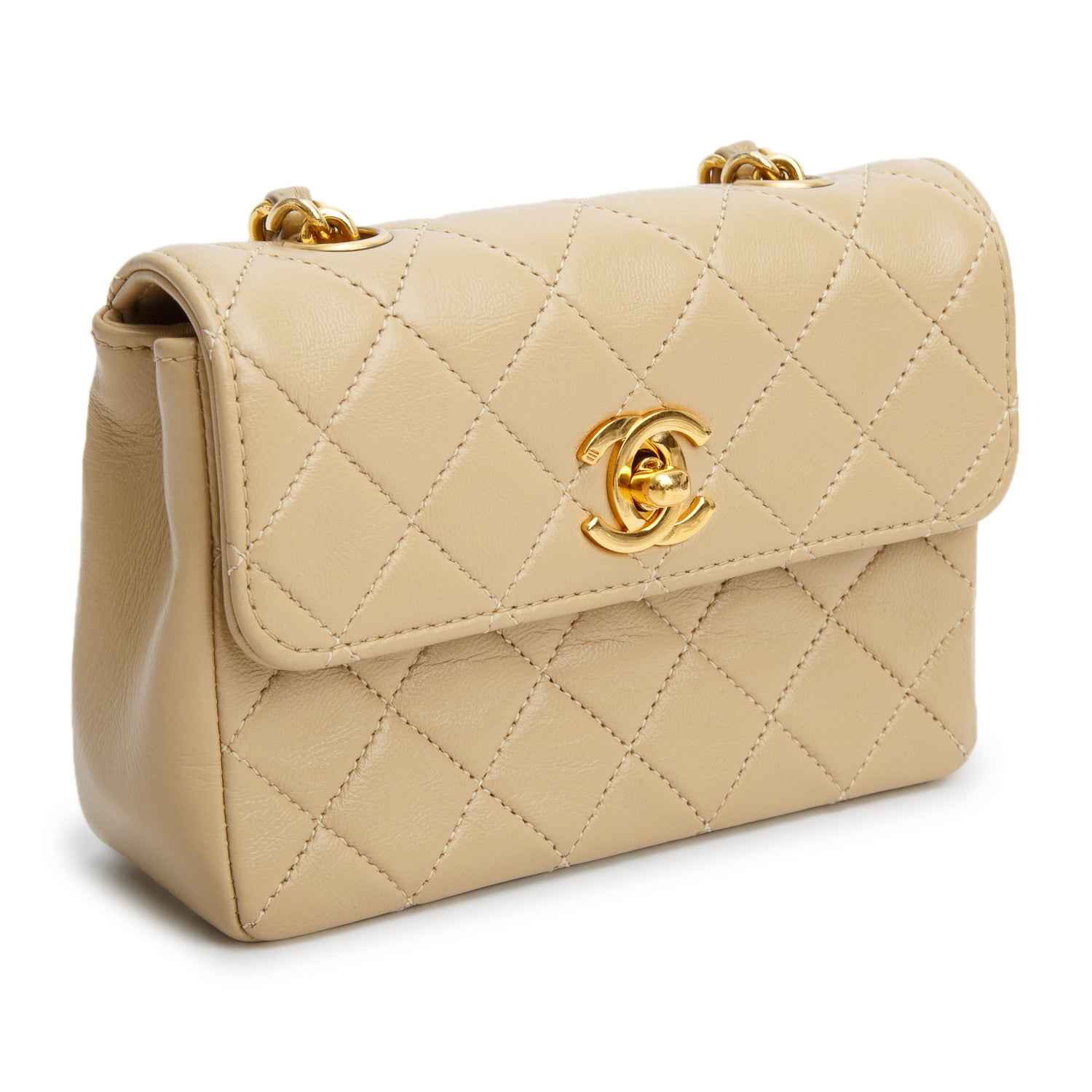 Chanel Vintage Beige Lambskin Quilted Mini Square Single Flap