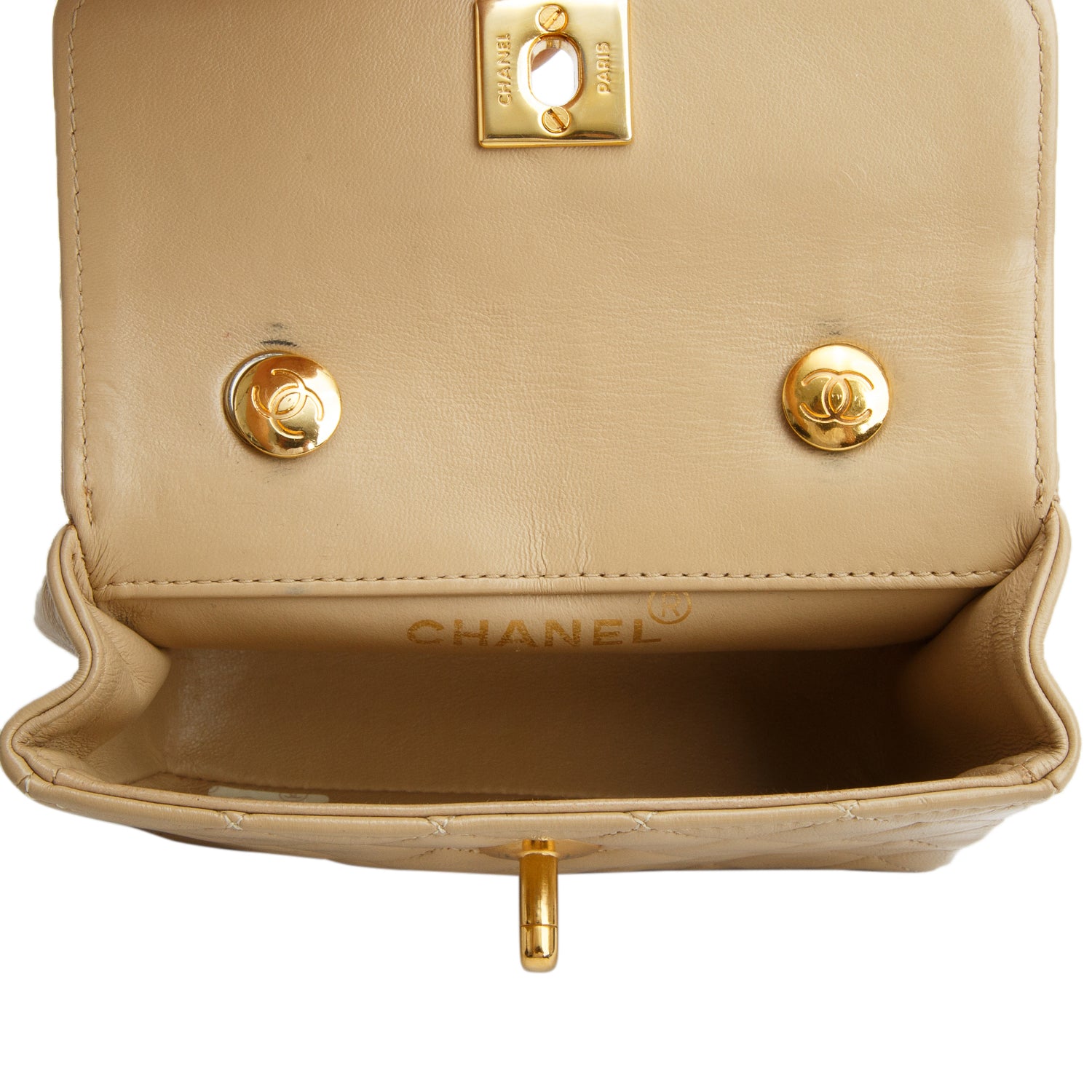 Chanel Vintage Beige Lambskin Quilted Mini Square Single Flap