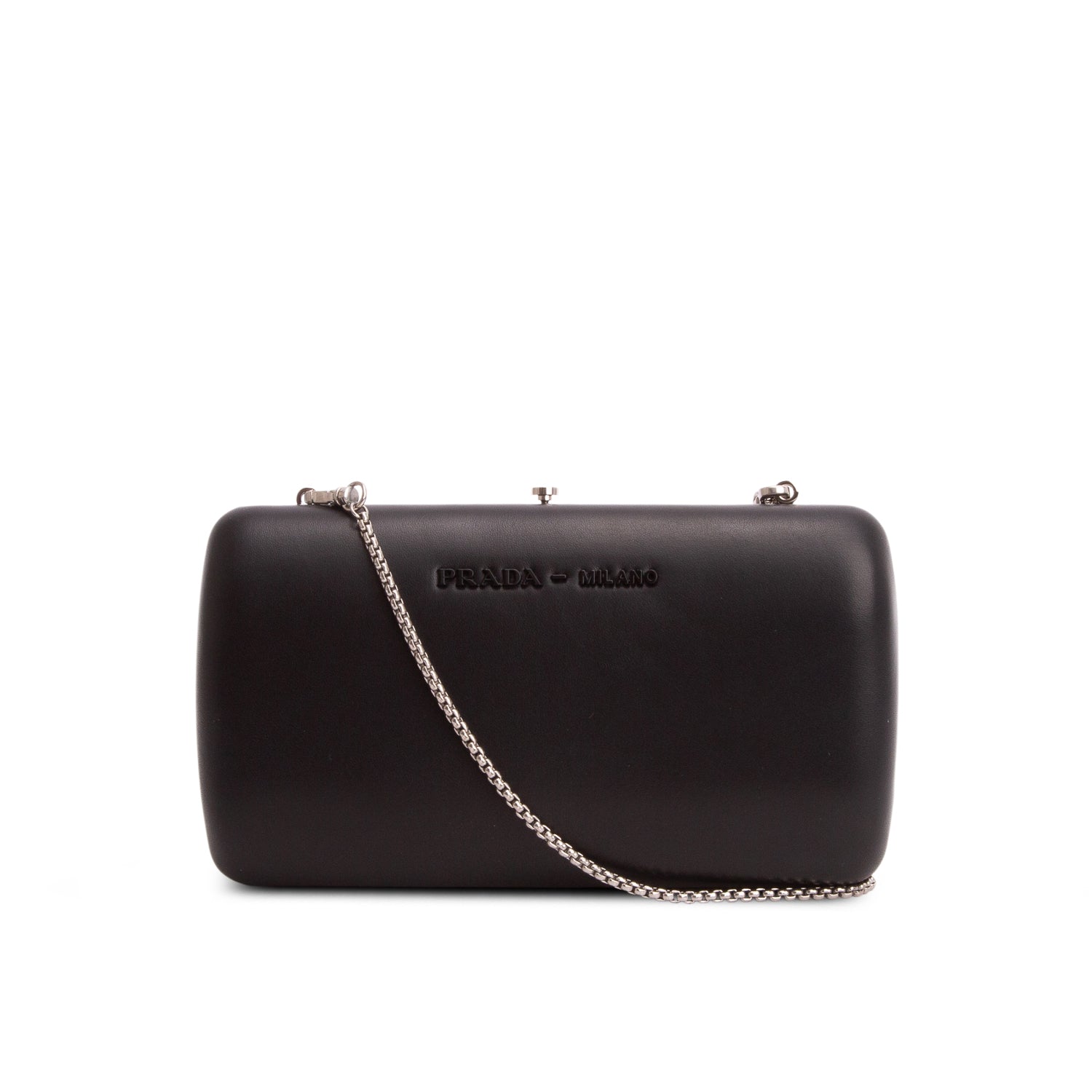 Prada Black Nappa Kiss Lock Clutch w/ Box, Authenticity Card & Chain