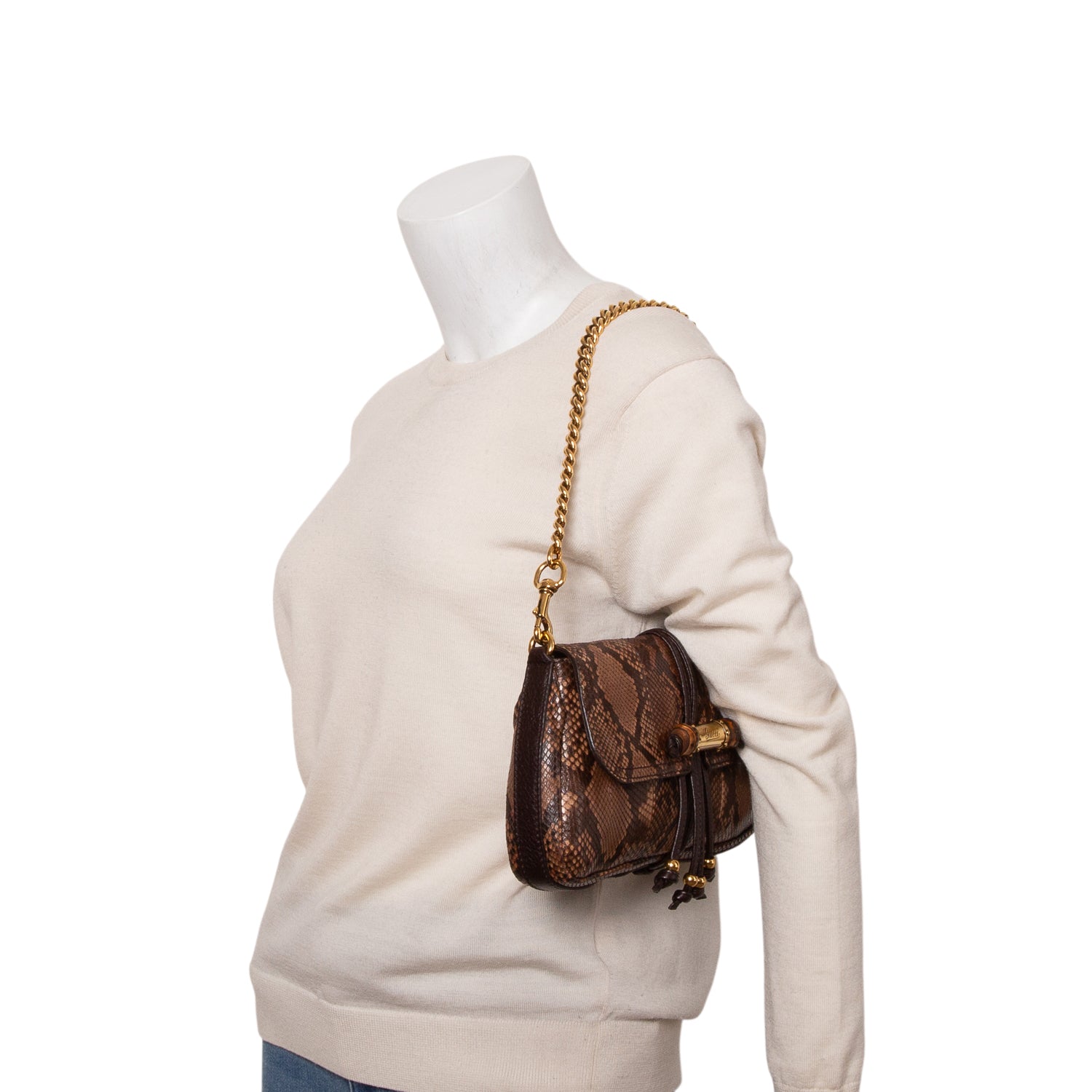 Gucci Brown Python Bamboo Croisette Evening Bag w/ Box