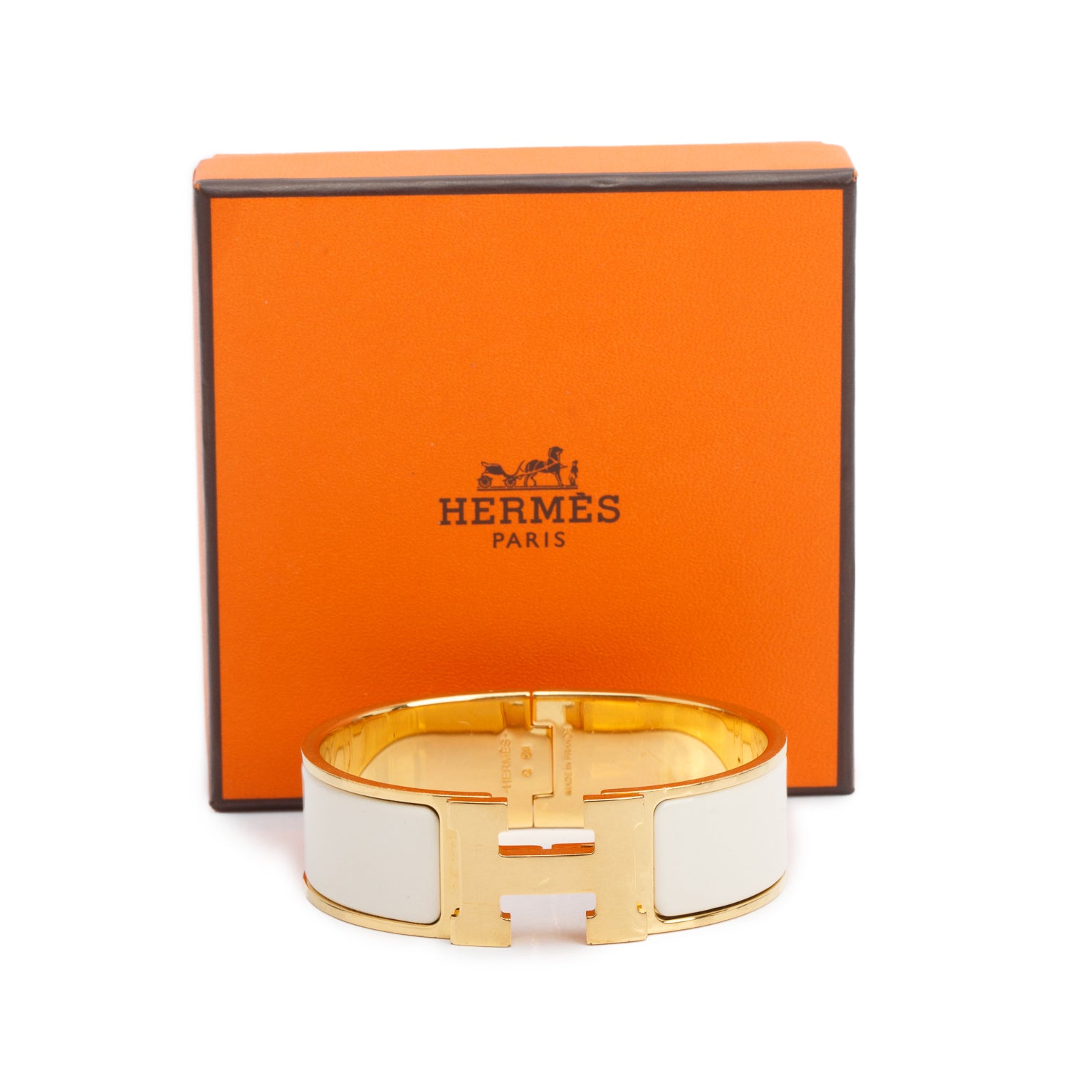 Hermes Gold-Plated Blanc Enamel Clic Clac H Bracelet w/ Box