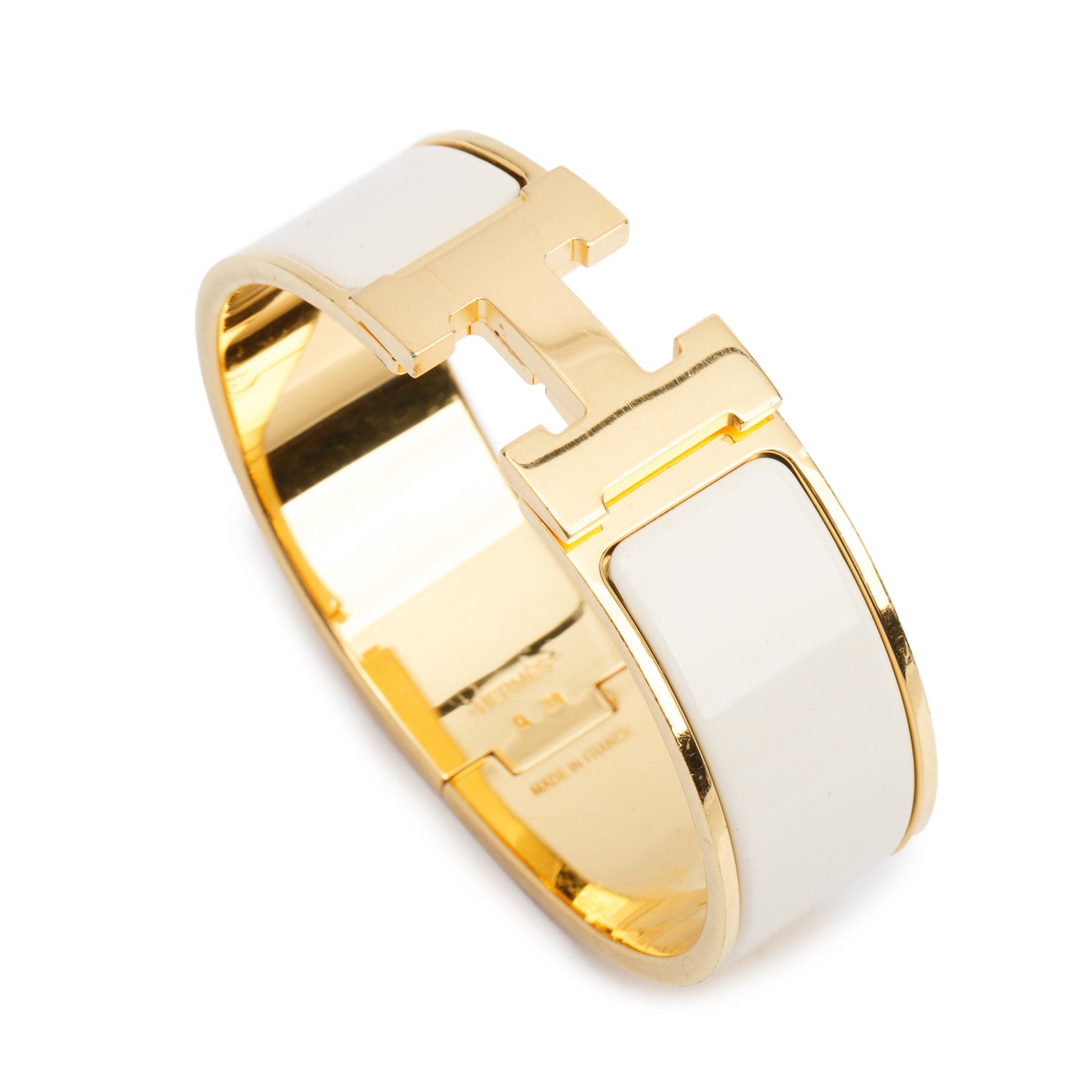 Hermes Gold-Plated Blanc Enamel Clic Clac H Bracelet w/ Box