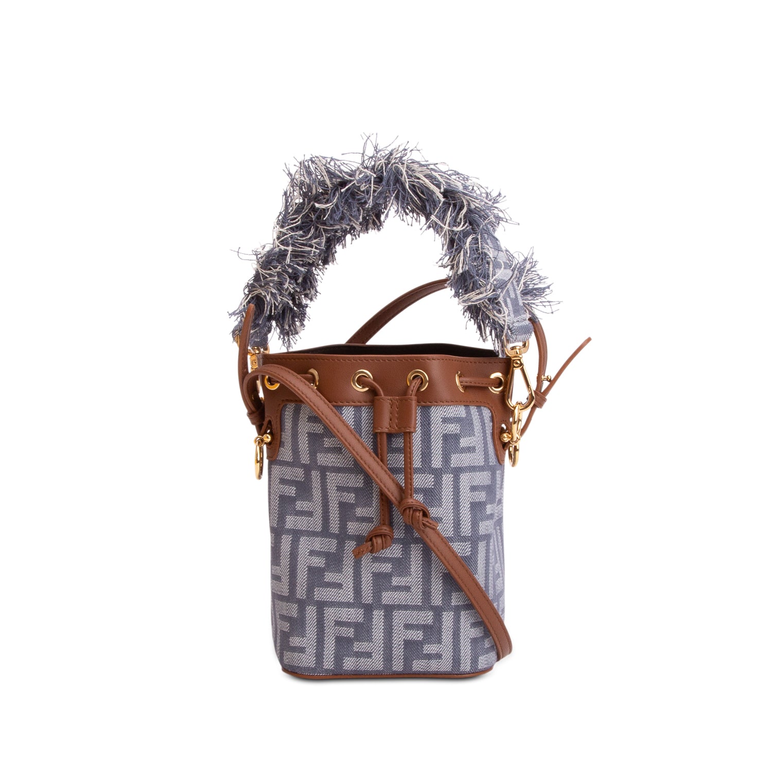 Fendi Blue Denim Effect Fabric FF Jacquard Vitello Mini Mon Tresor Bucket Bag w/ Straps