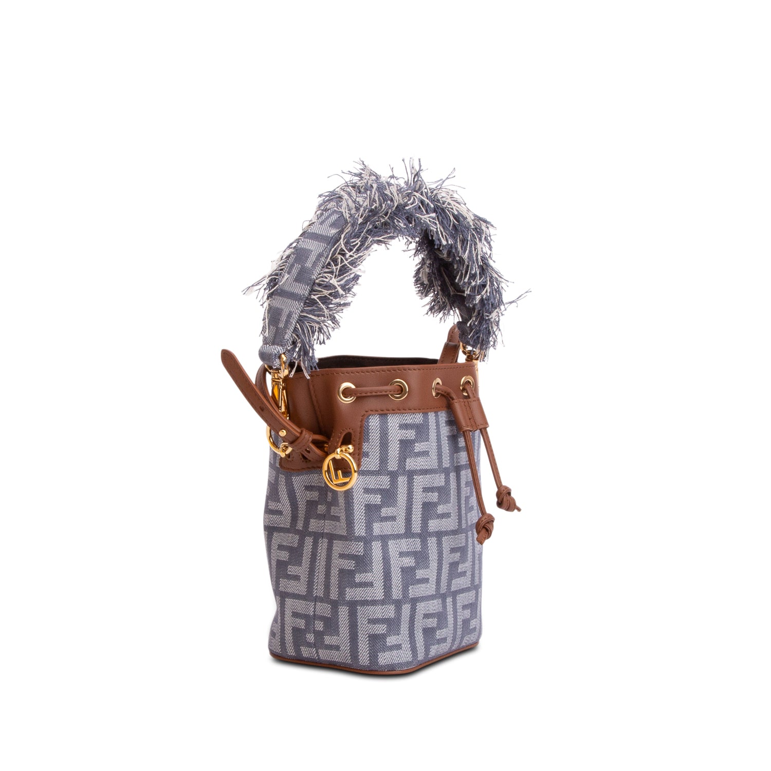 Fendi Blue Denim Effect Fabric FF Jacquard Vitello Mini Mon Tresor Bucket Bag w/ Straps