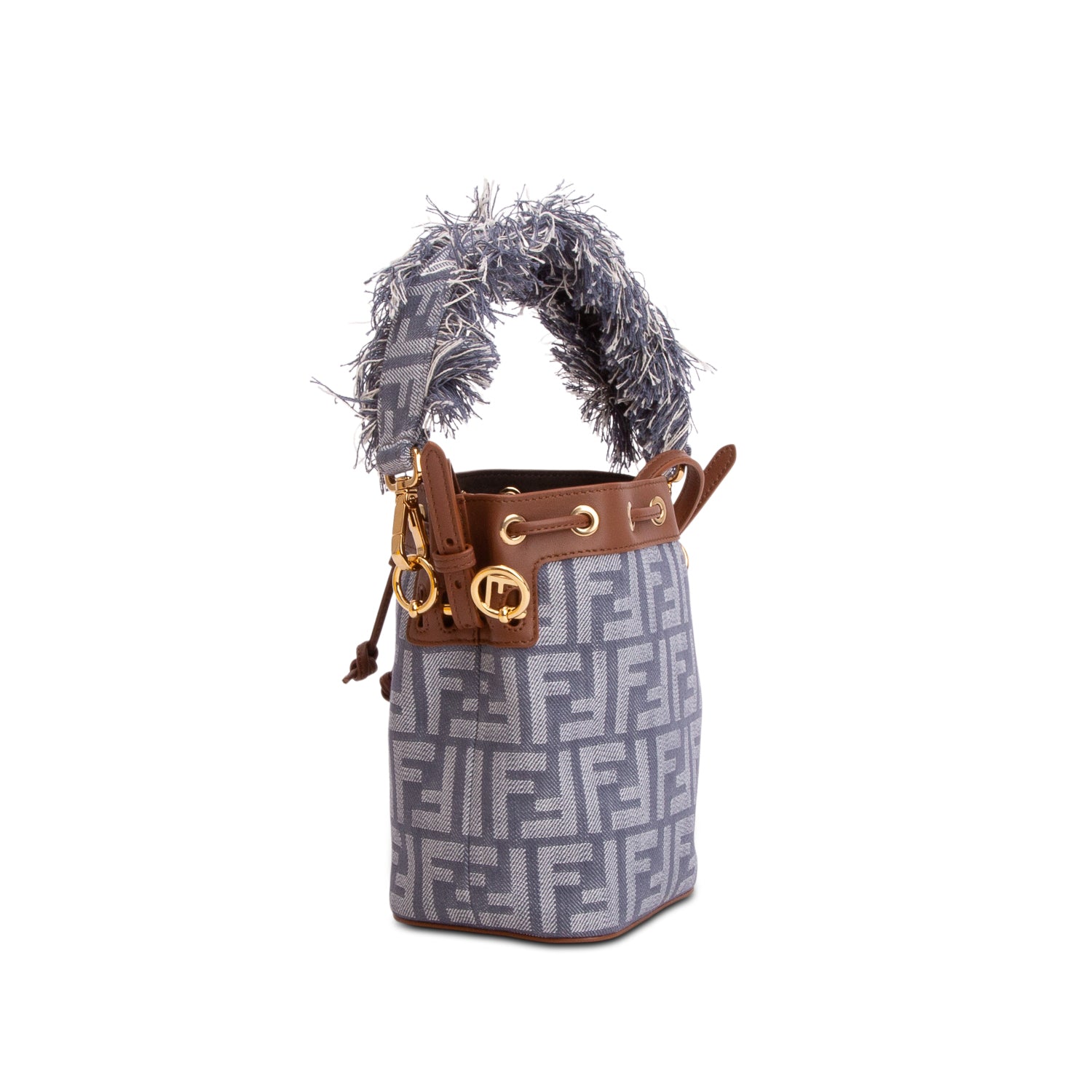 Fendi Blue Denim Effect Fabric FF Jacquard Vitello Mini Mon Tresor Bucket Bag w/ Straps