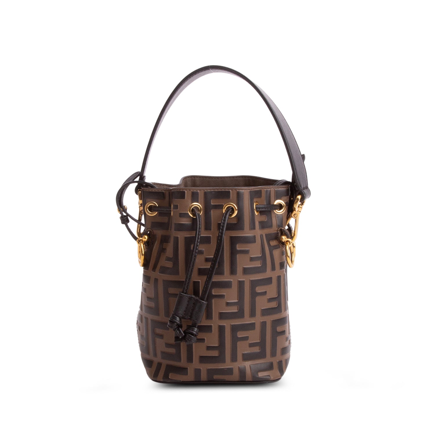 Fendi Brown/Black Vitello Liberty F is Fendi FF 1974 Embossed Mini Mon Tresor Bucket Bag w/ Straps