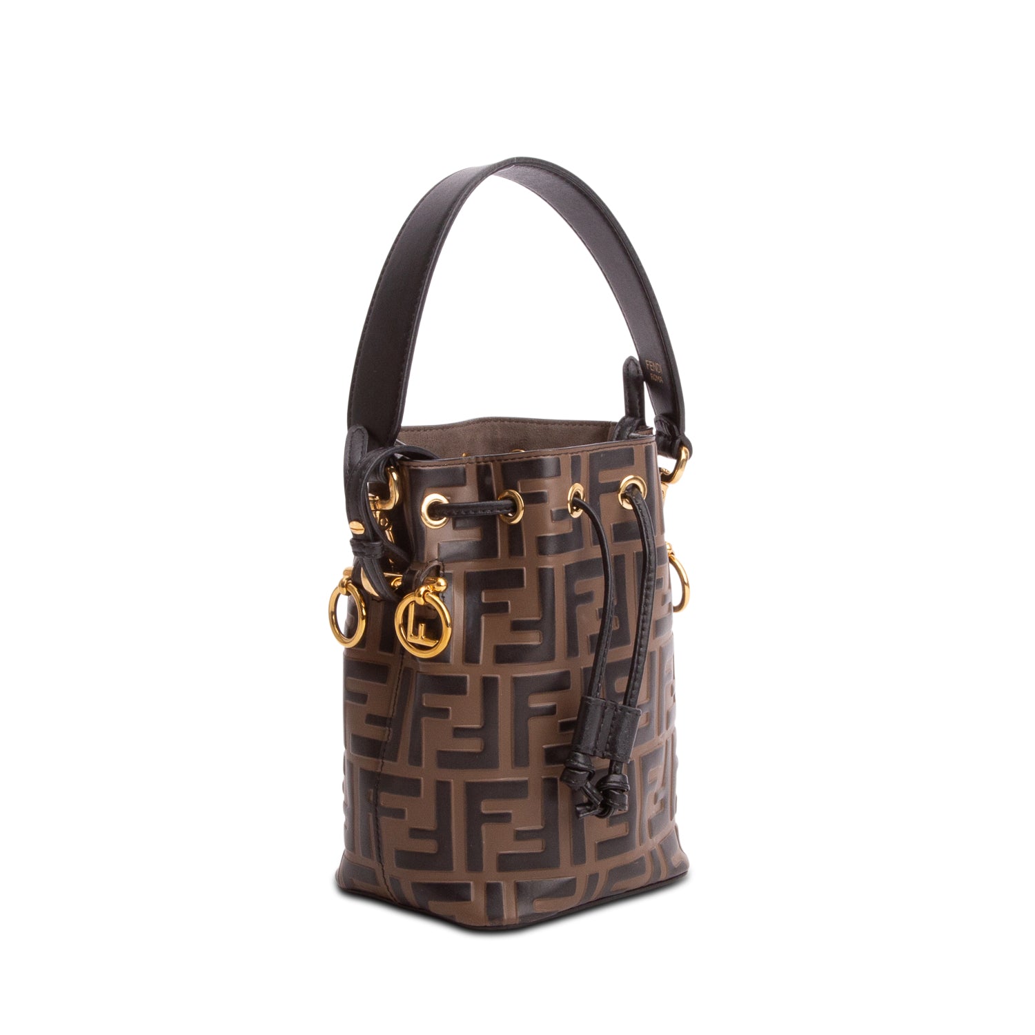 Fendi Brown/Black Vitello Liberty F is Fendi FF 1974 Embossed Mini Mon Tresor Bucket Bag w/ Straps