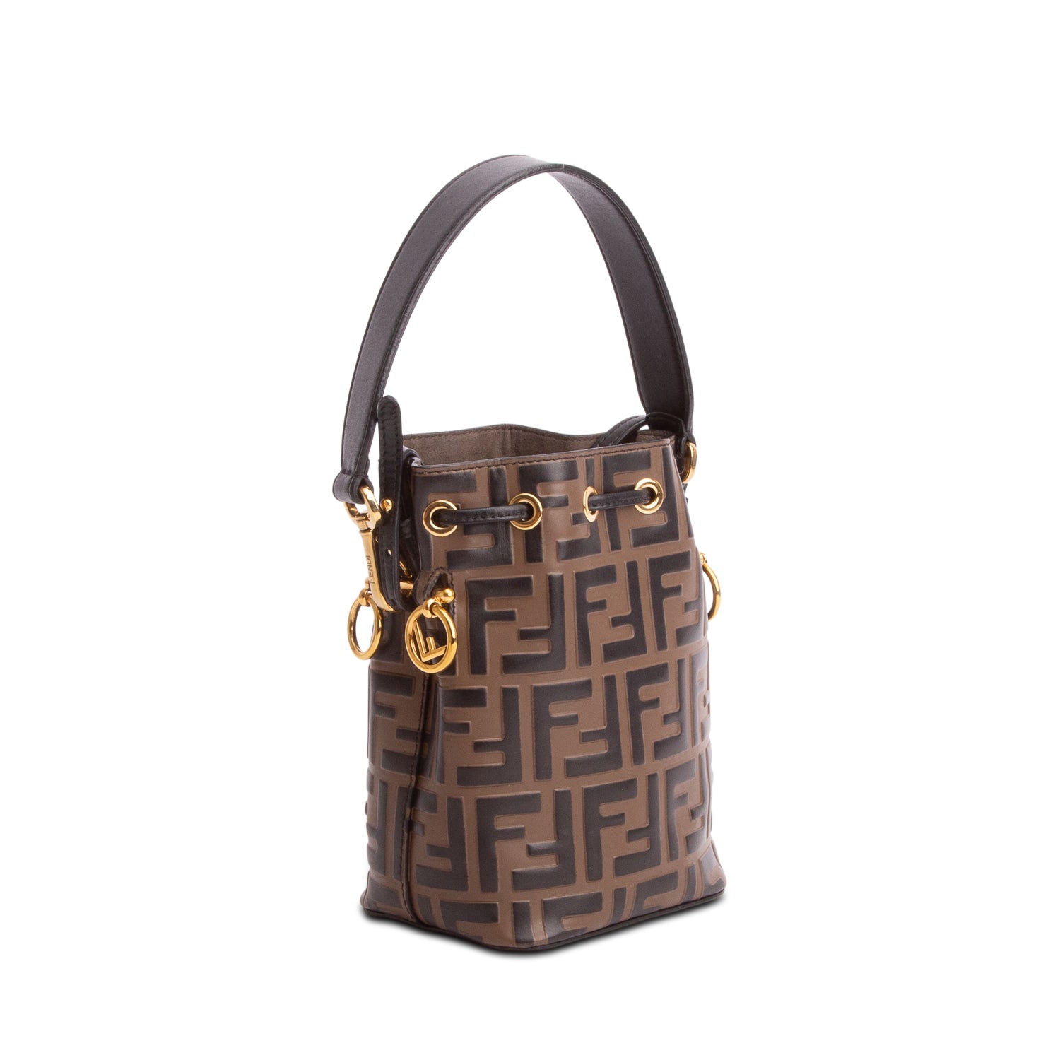 Fendi Brown/Black Vitello Liberty F is Fendi FF 1974 Embossed Mini Mon Tresor Bucket Bag w/ Straps