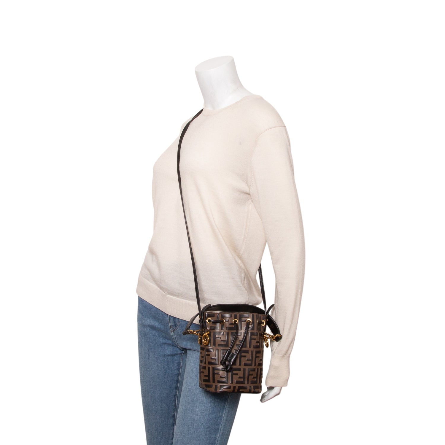 Fendi Brown/Black Vitello Liberty F is Fendi FF 1974 Embossed Mini Mon Tresor Bucket Bag w/ Straps