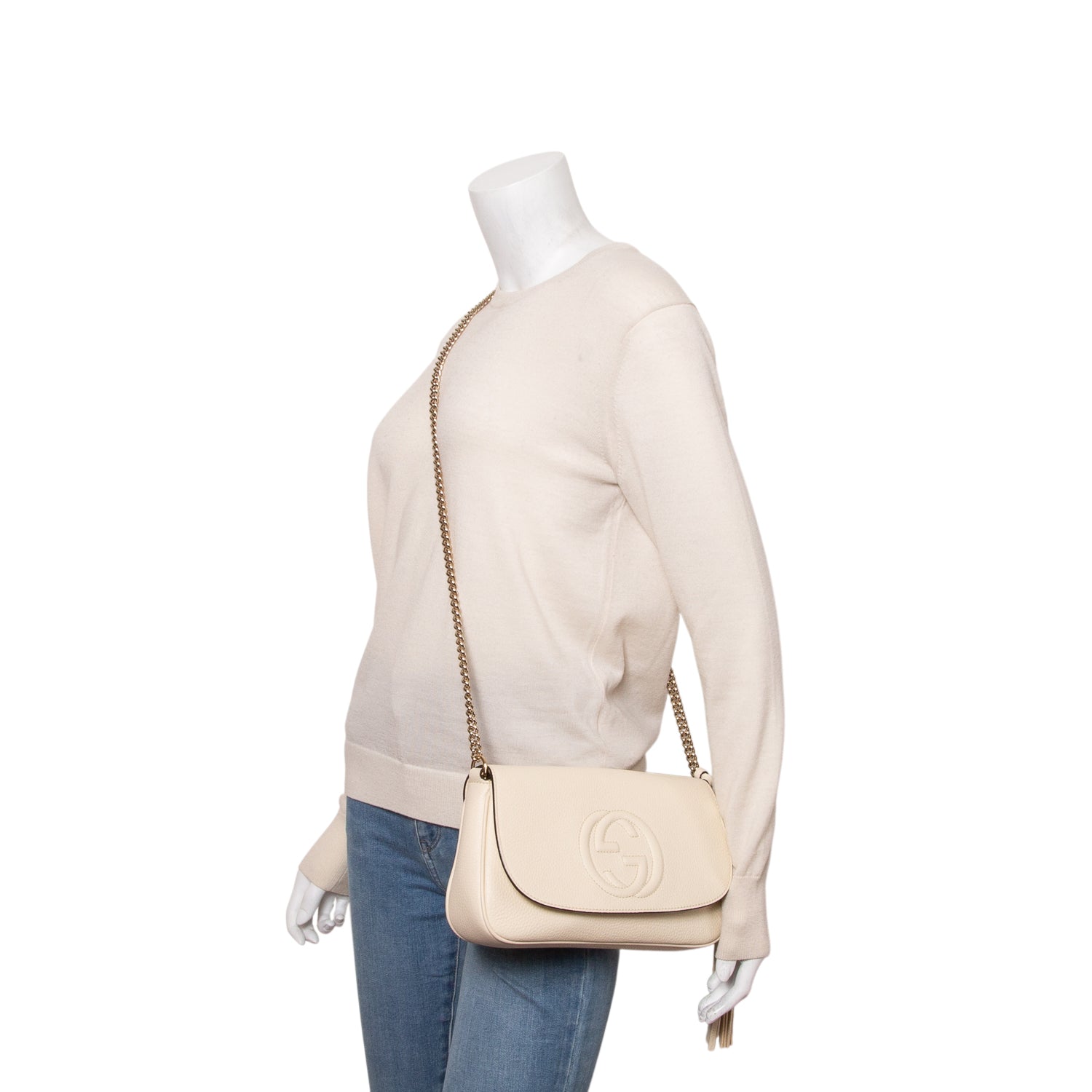 Gucci Cream Pebbled Calfksin Medium Soho Chain Crossbody Bag