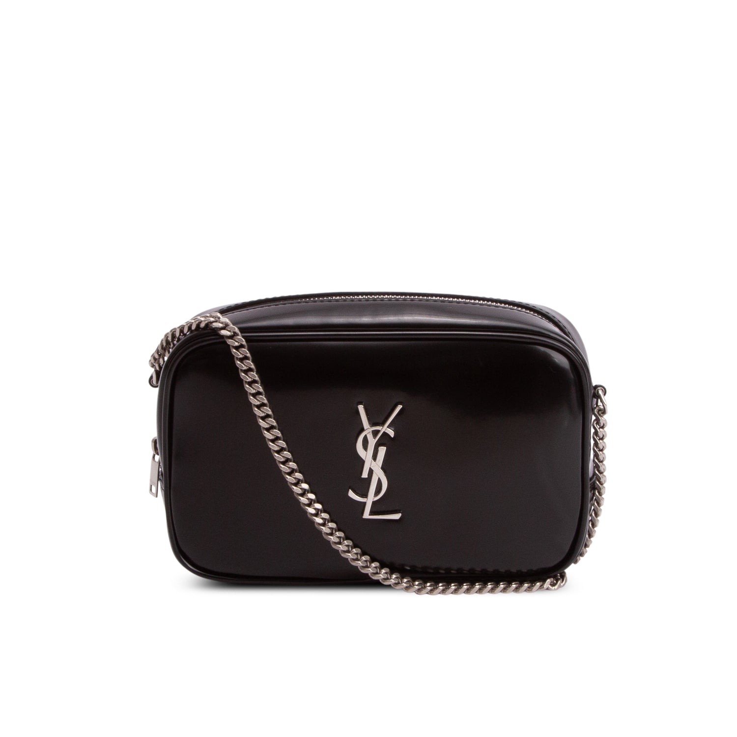 Saint Laurent 2023 Black Shiny Calfskin Monogram Mini Lou Camera Bag w/ Box